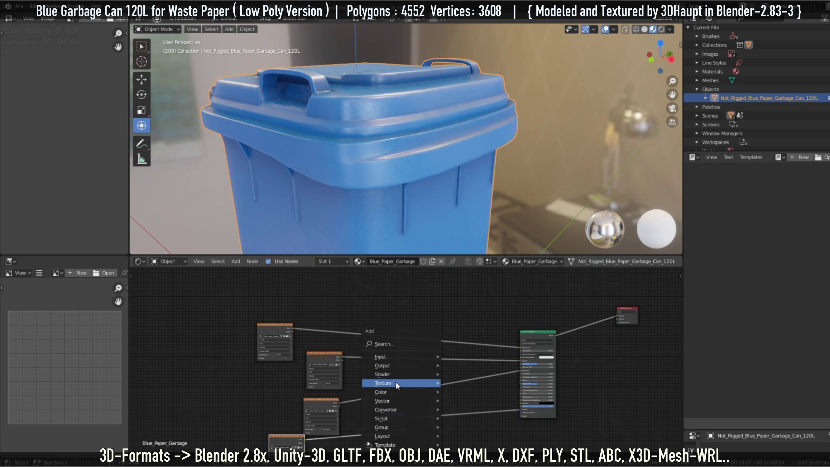 Plastic Garbage Can 120L Blue for Waste Paper -Low-Poly-Version- Low-poly 3D model_84