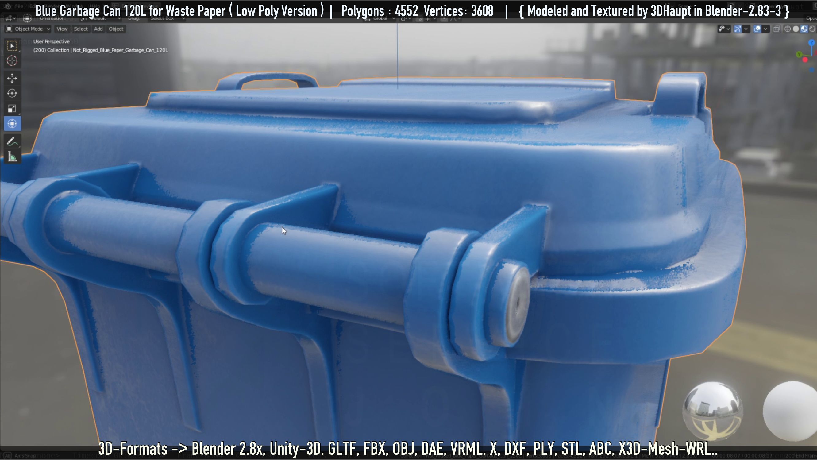 Plastic Garbage Can 120L Blue for Waste Paper -Low-Poly-Version- Low-poly 3D model_3