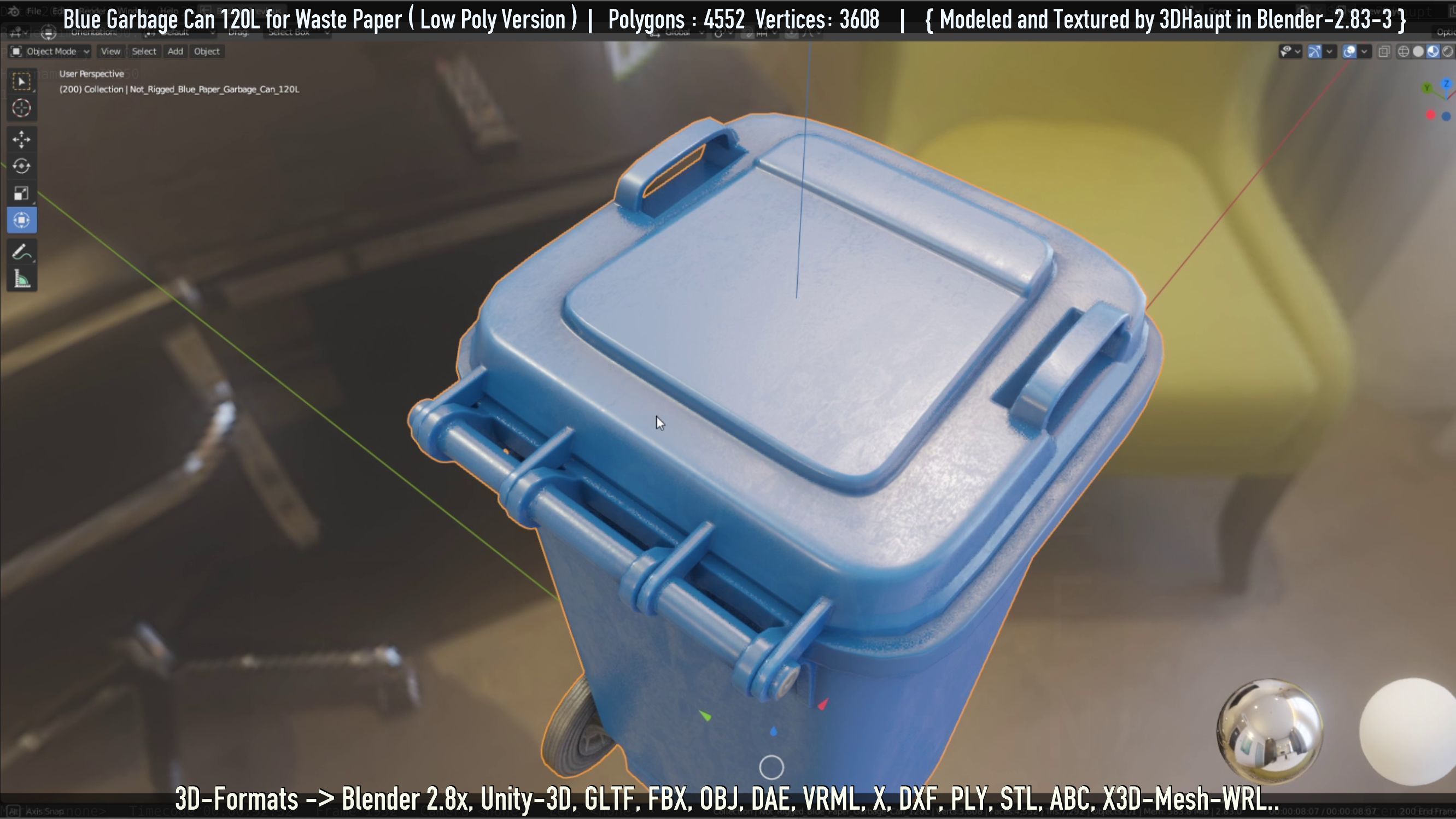 Plastic Garbage Can 120L Blue for Waste Paper -Low-Poly-Version- Low-poly 3D model_52