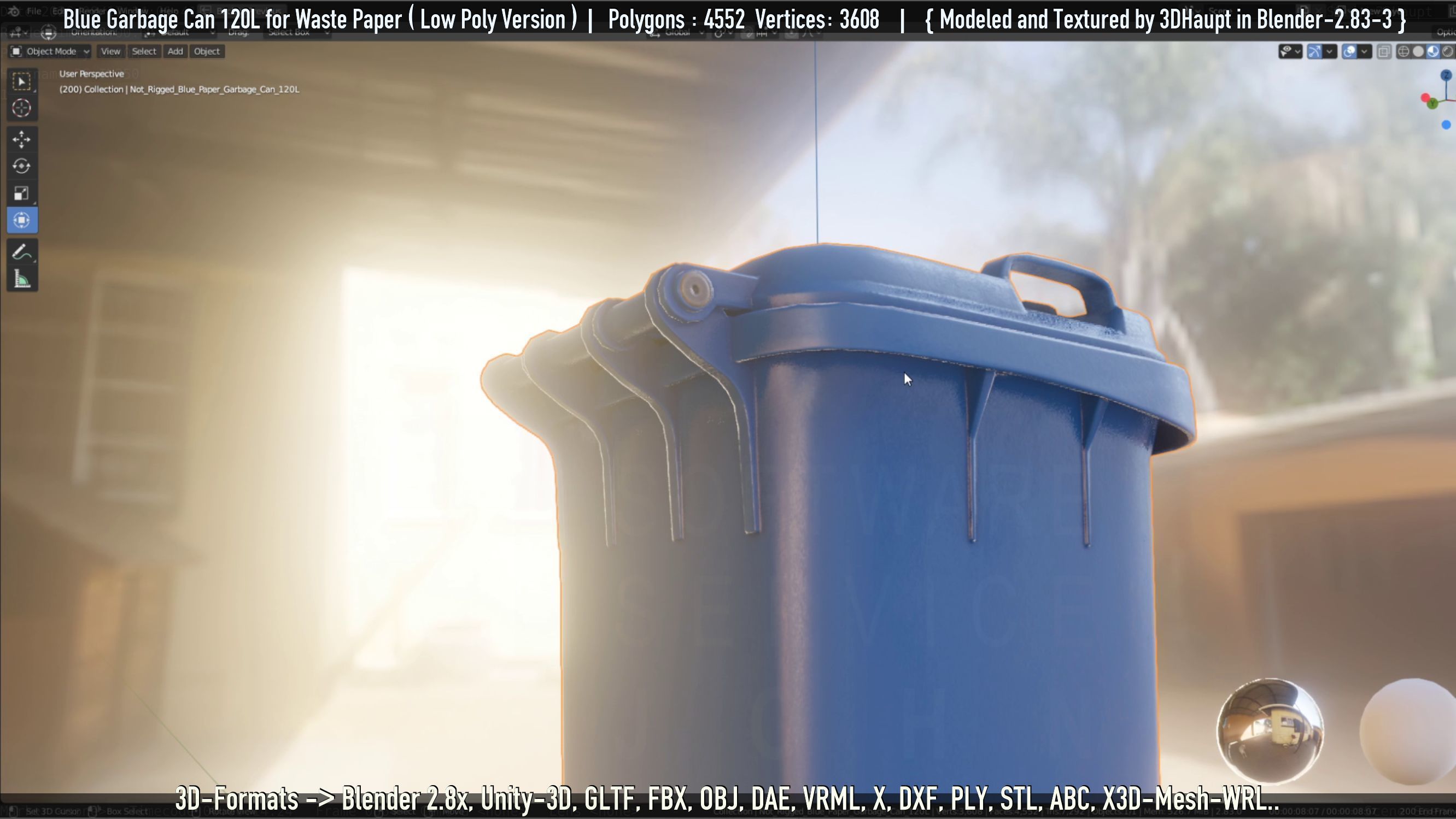 Plastic Garbage Can 120L Blue for Waste Paper -Low-Poly-Version- Low-poly 3D model_6