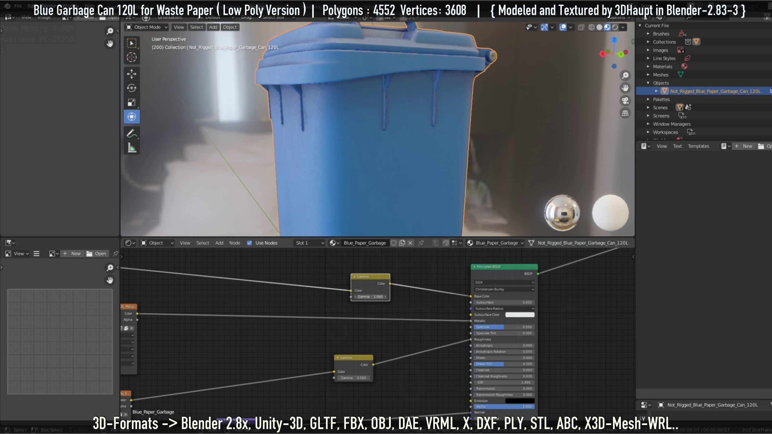 Plastic Garbage Can 120L Blue for Waste Paper -Low-Poly-Version- Low-poly 3D model_71