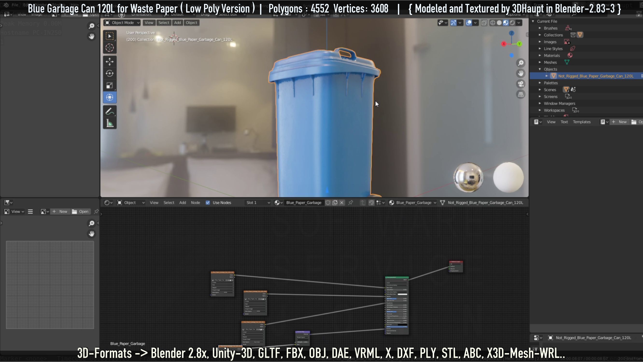 Plastic Garbage Can 120L Blue for Waste Paper -Low-Poly-Version- Low-poly 3D model_68