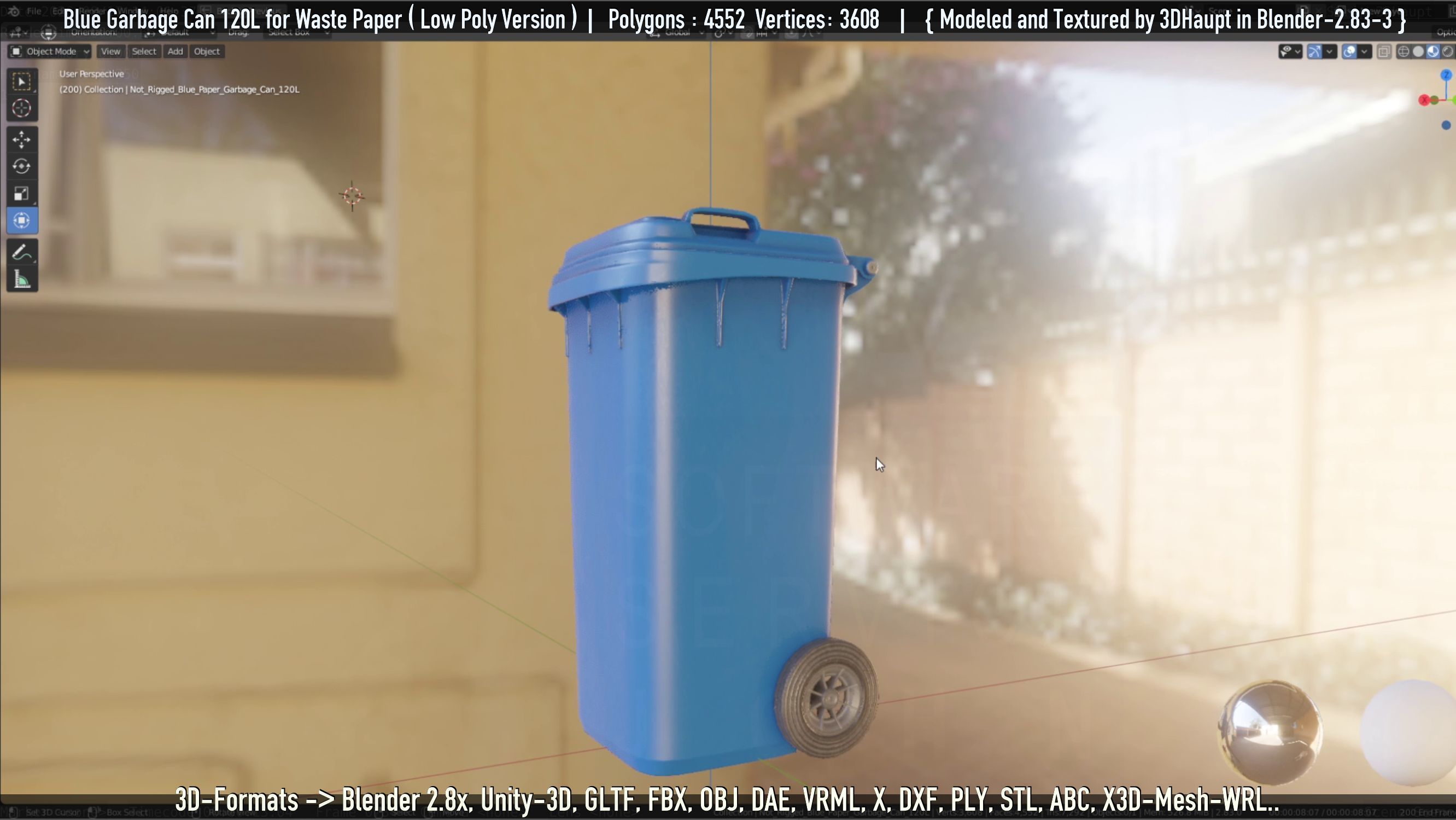 Plastic Garbage Can 120L Blue for Waste Paper -Low-Poly-Version- Low-poly 3D model_13