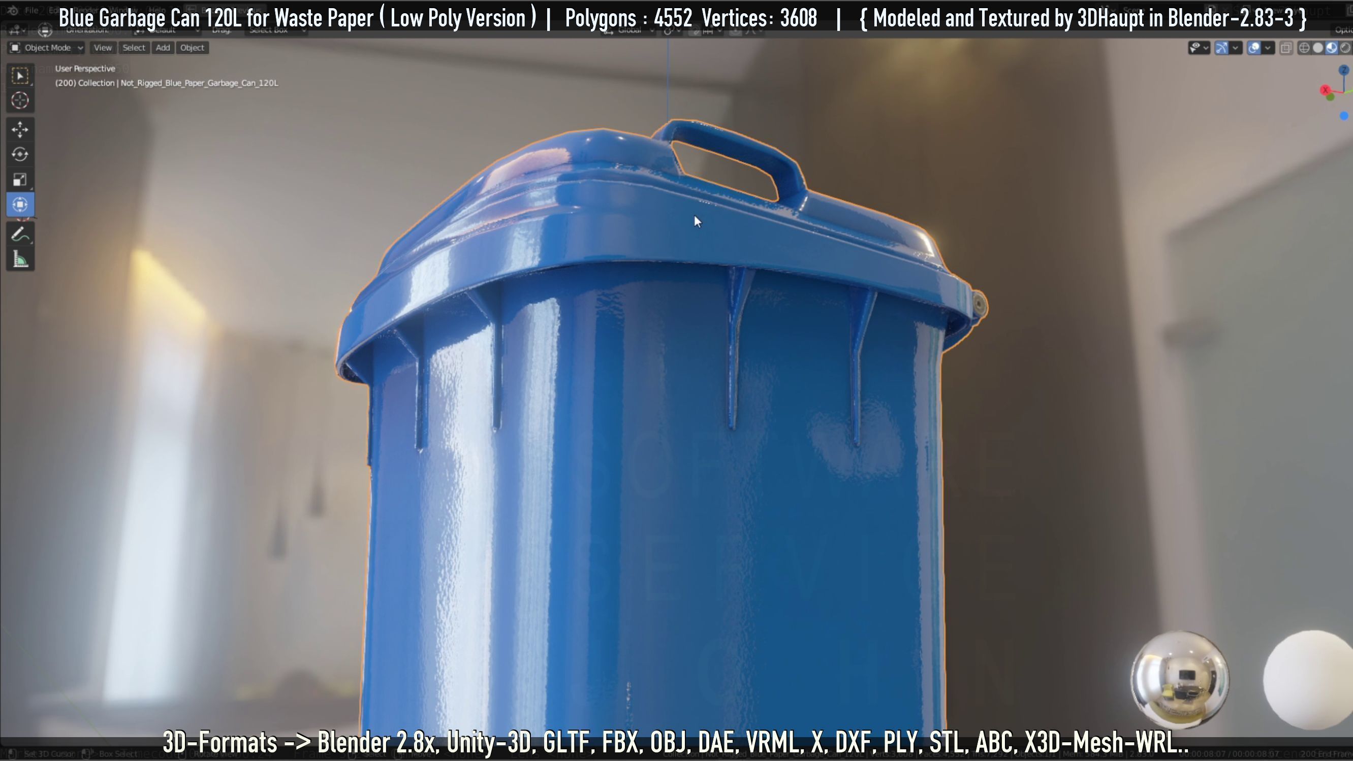 Plastic Garbage Can 120L Blue for Waste Paper -Low-Poly-Version- Low-poly 3D model_42
