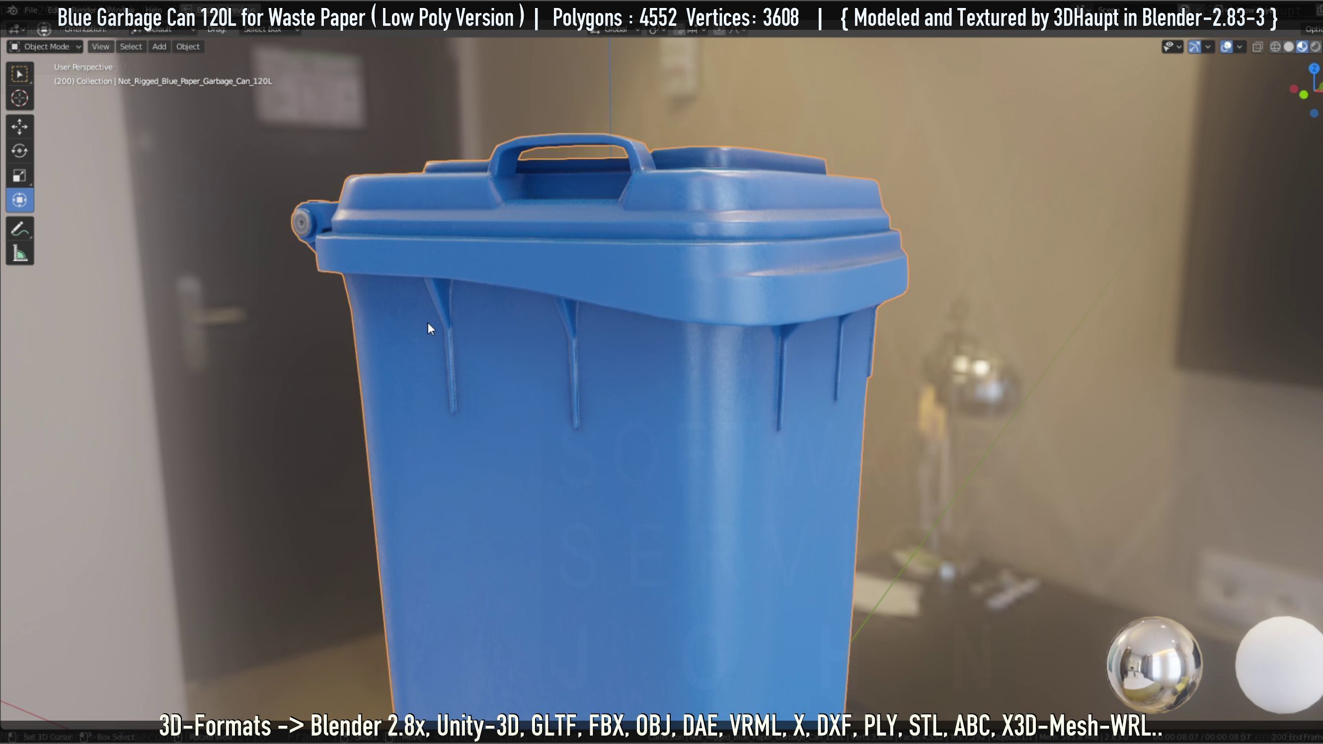 Plastic Garbage Can 120L Blue for Waste Paper -Low-Poly-Version- Low-poly 3D model_53
