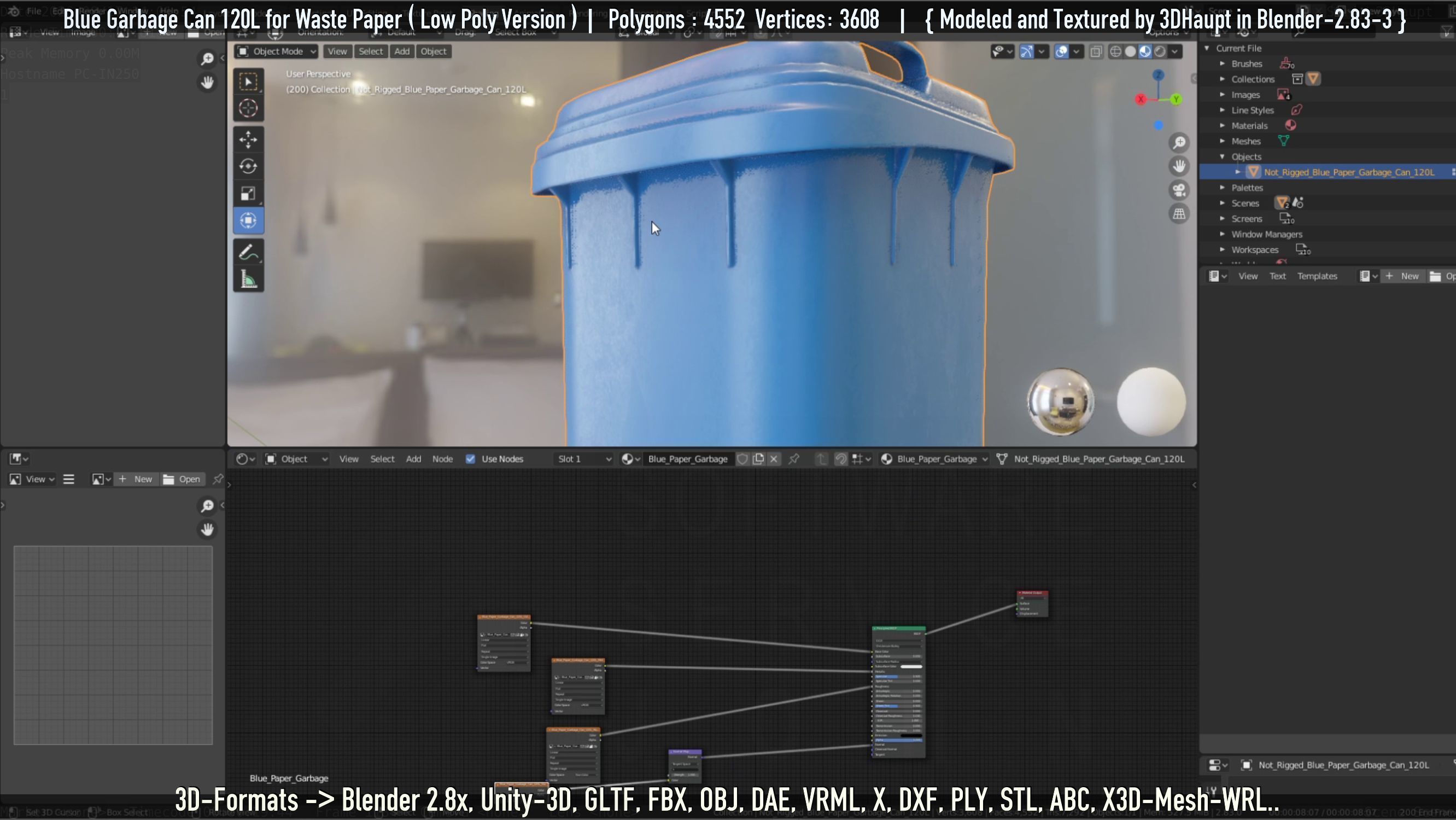 Plastic Garbage Can 120L Blue for Waste Paper -Low-Poly-Version- Low-poly 3D model_67