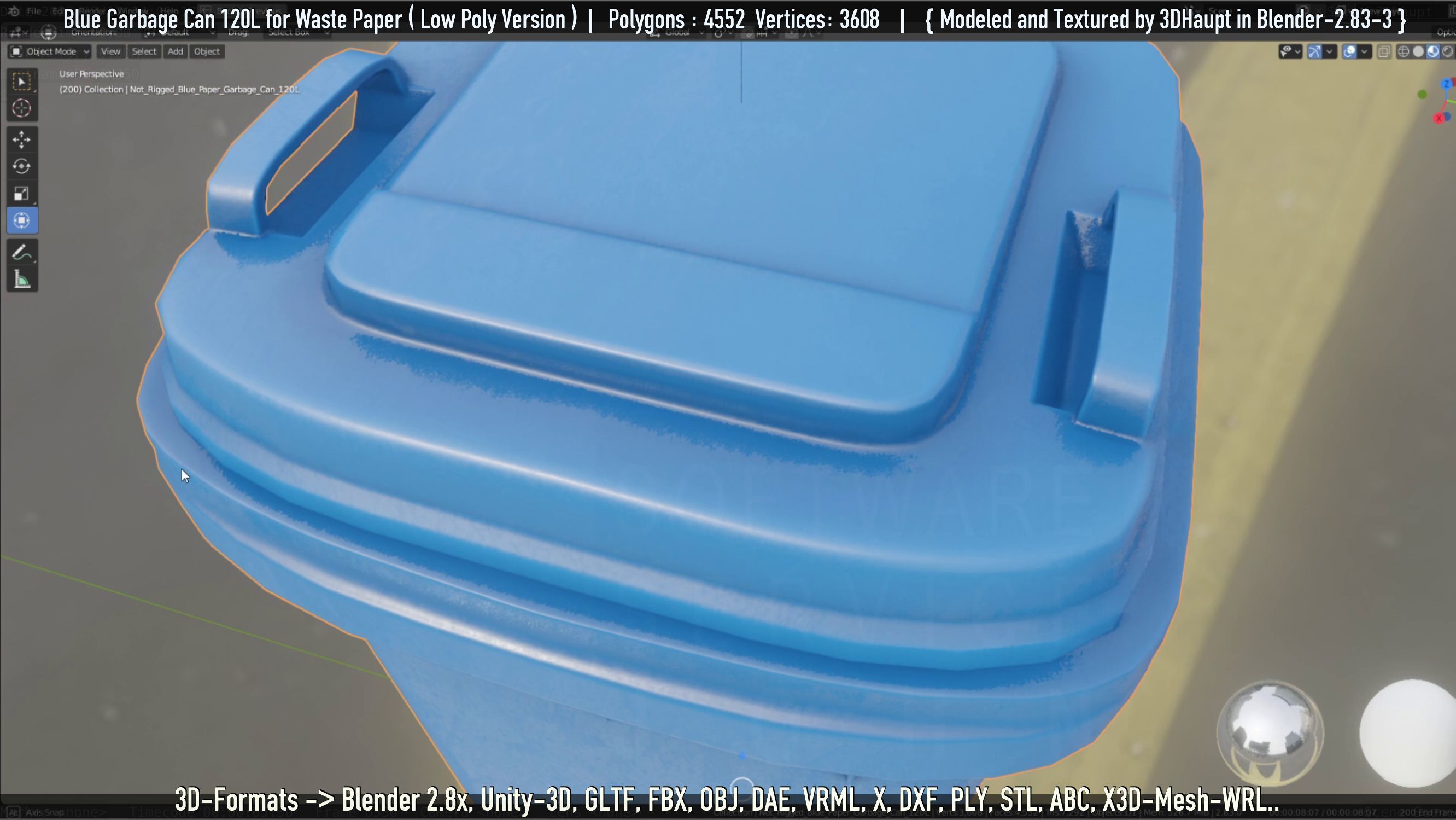Plastic Garbage Can 120L Blue for Waste Paper -Low-Poly-Version- Low-poly 3D model_18