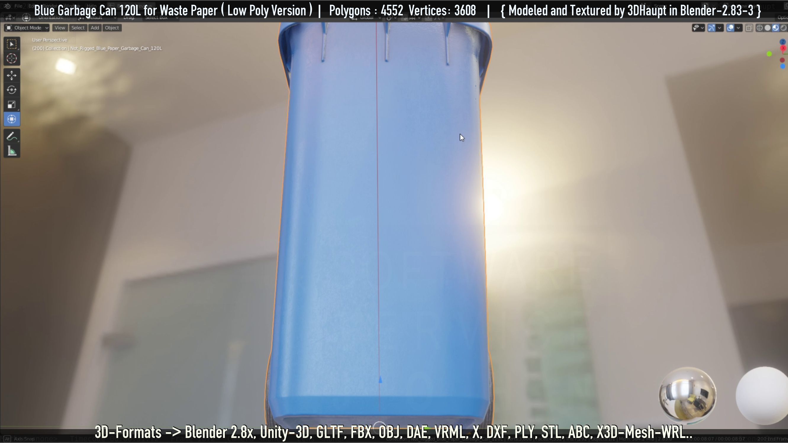 Plastic Garbage Can 120L Blue for Waste Paper -Low-Poly-Version- Low-poly 3D model_46