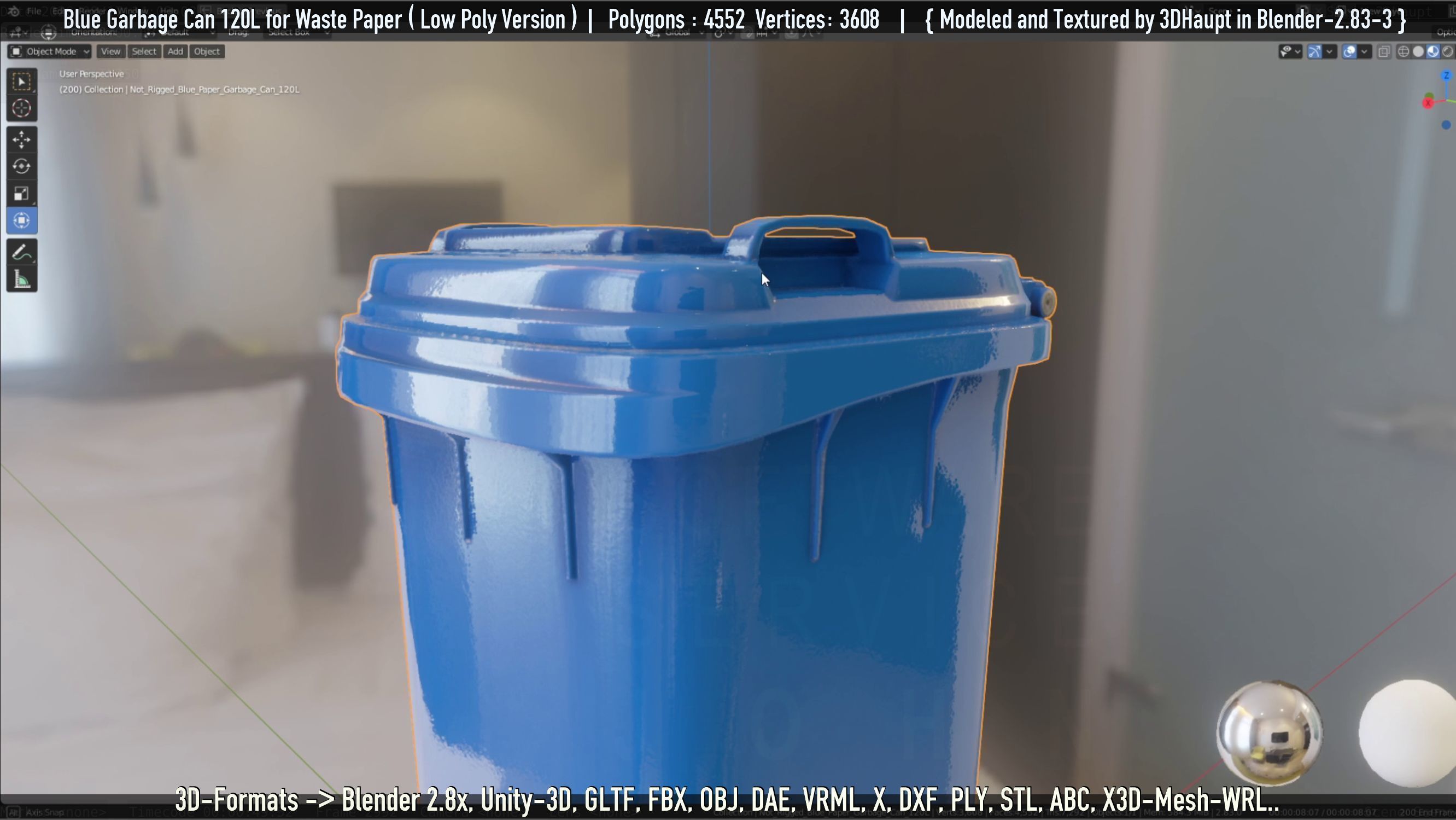 Plastic Garbage Can 120L Blue for Waste Paper -Low-Poly-Version- Low-poly 3D model_44
