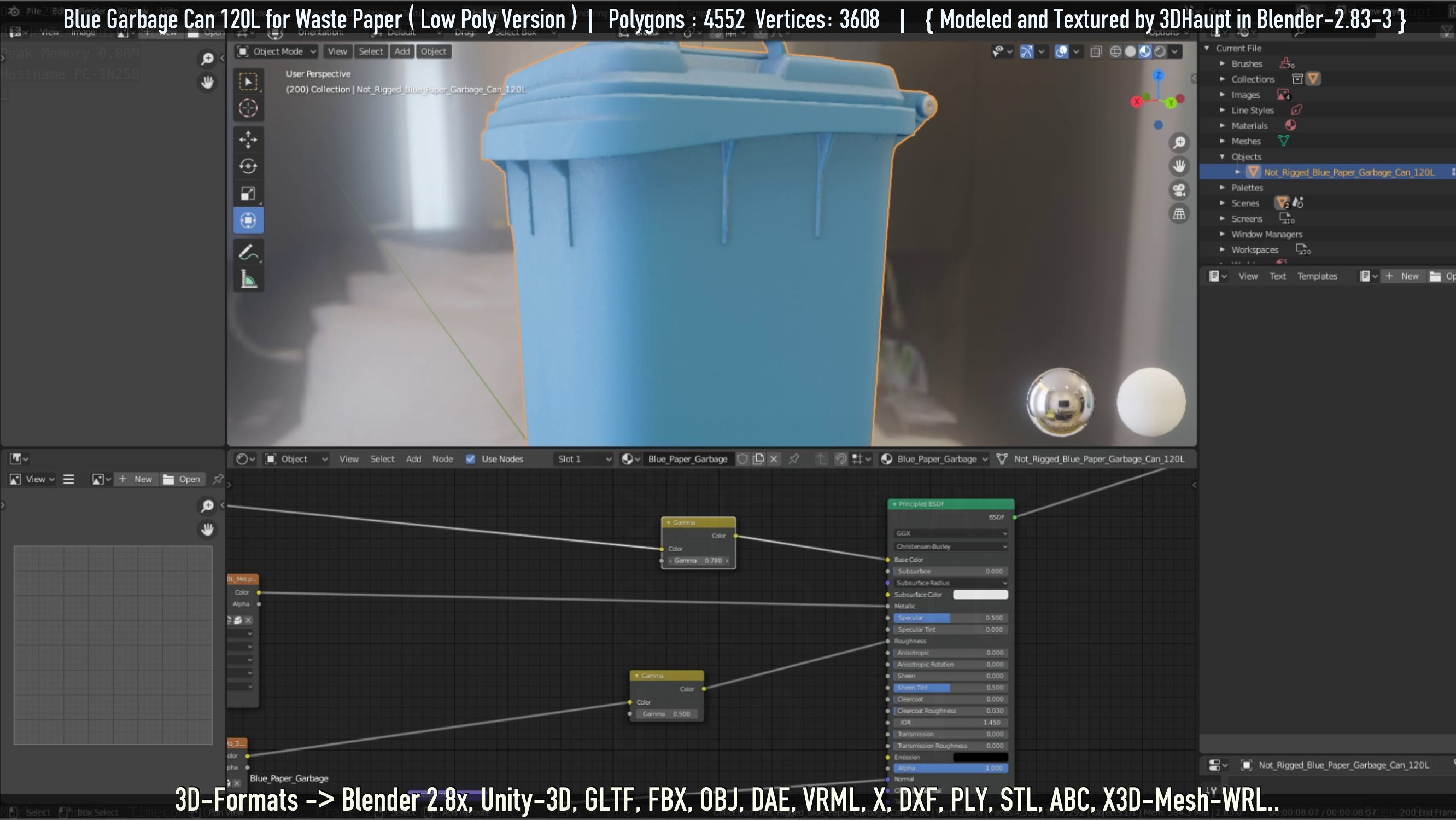 Plastic Garbage Can 120L Blue for Waste Paper -Low-Poly-Version- Low-poly 3D model_59