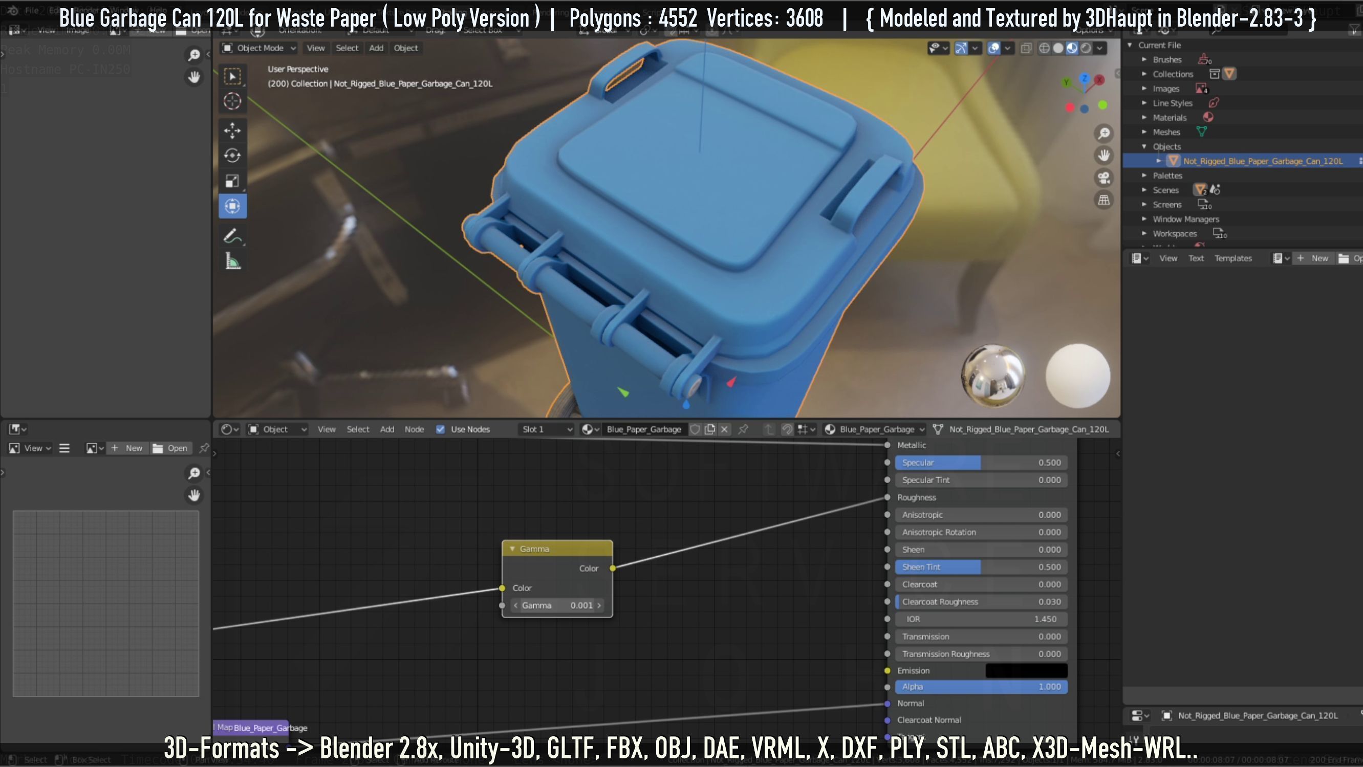 Plastic Garbage Can 120L Blue for Waste Paper -Low-Poly-Version- Low-poly 3D model_56