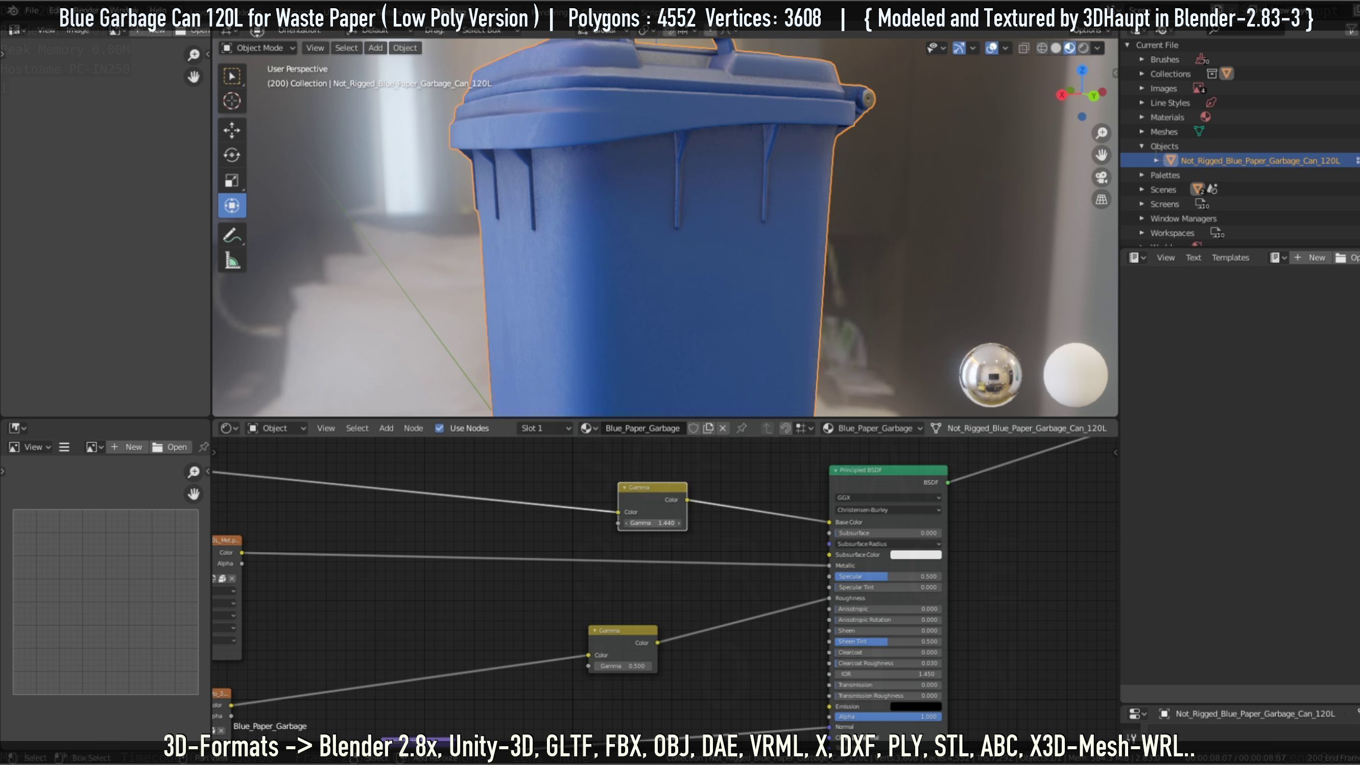 Plastic Garbage Can 120L Blue for Waste Paper -Low-Poly-Version- Low-poly 3D model_63