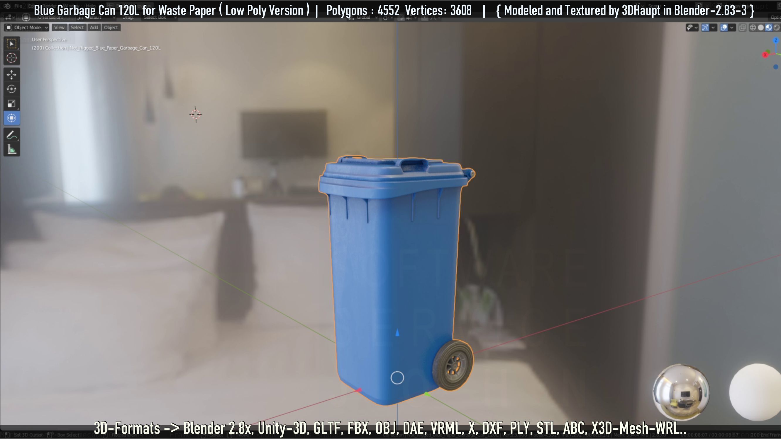 Plastic Garbage Can 120L Blue for Waste Paper -Low-Poly-Version- Low-poly 3D model_47