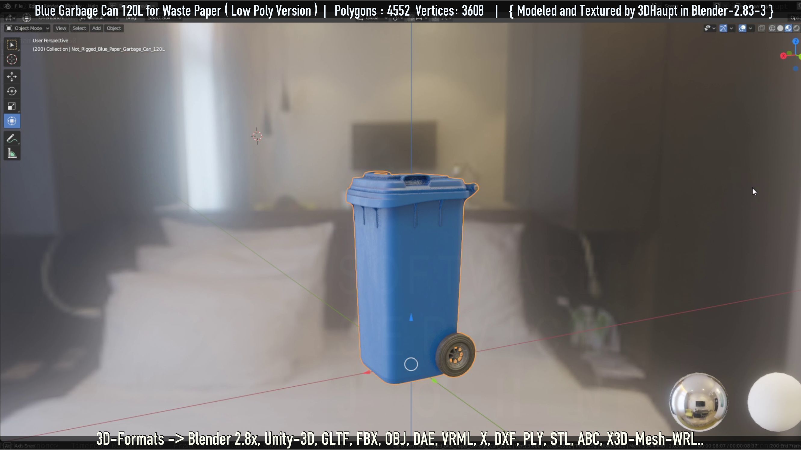 Plastic Garbage Can 120L Blue for Waste Paper -Low-Poly-Version- Low-poly 3D model_45