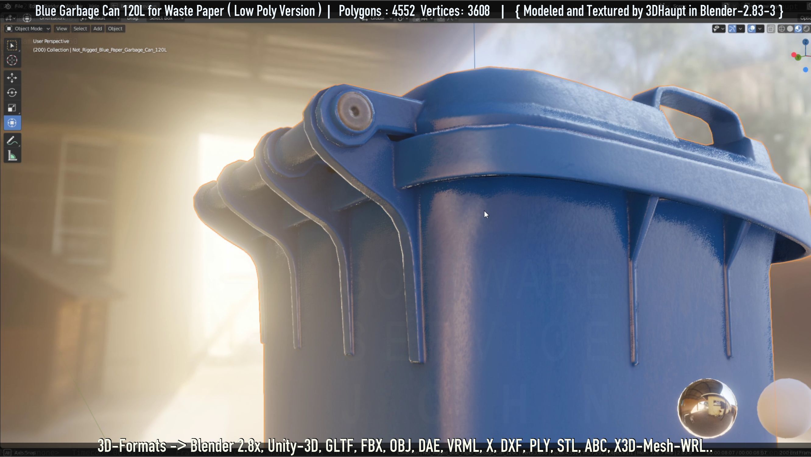 Plastic Garbage Can 120L Blue for Waste Paper -Low-Poly-Version- Low-poly 3D model_33