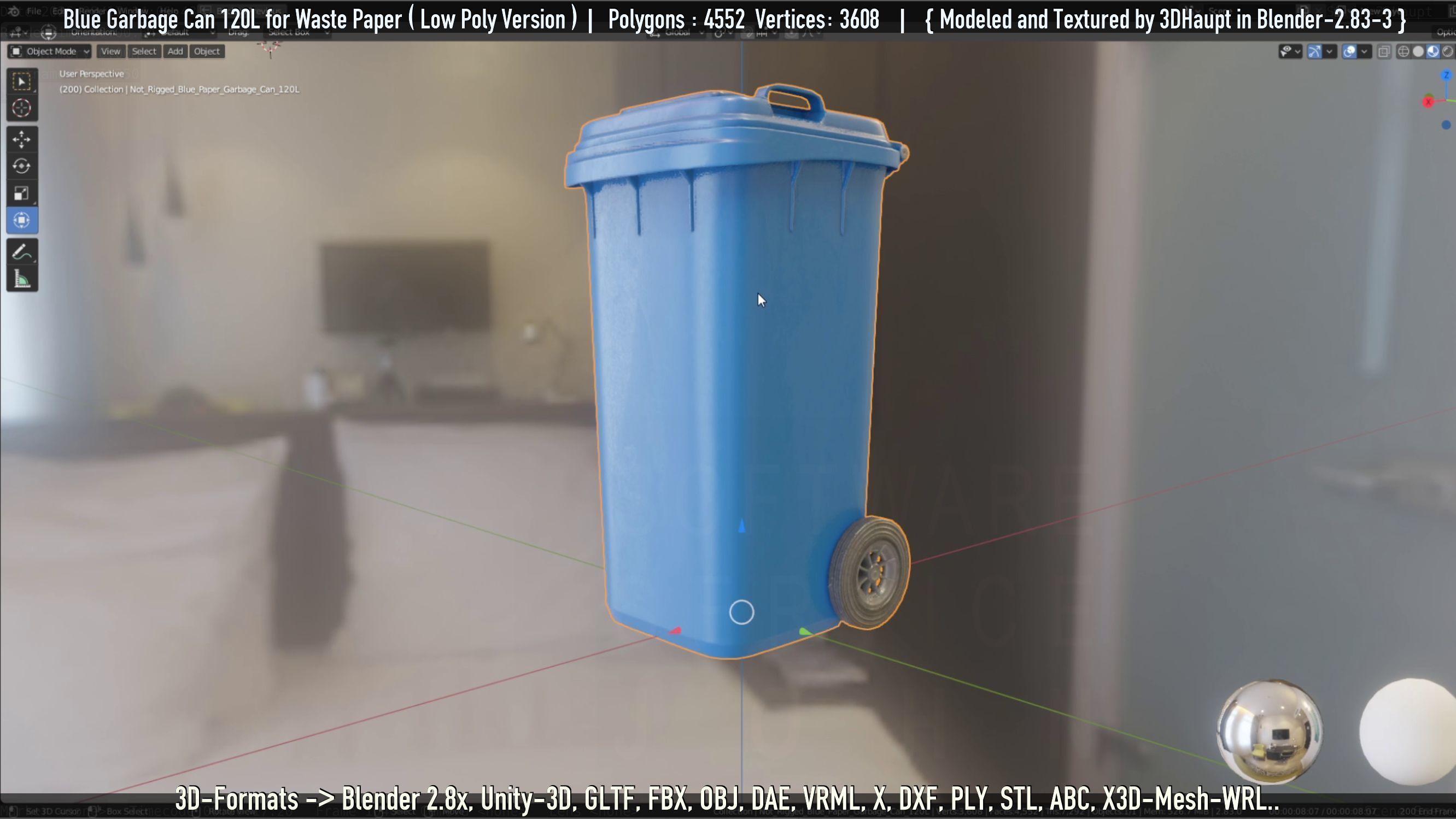 Plastic Garbage Can 120L Blue for Waste Paper -Low-Poly-Version- Low-poly 3D model_66