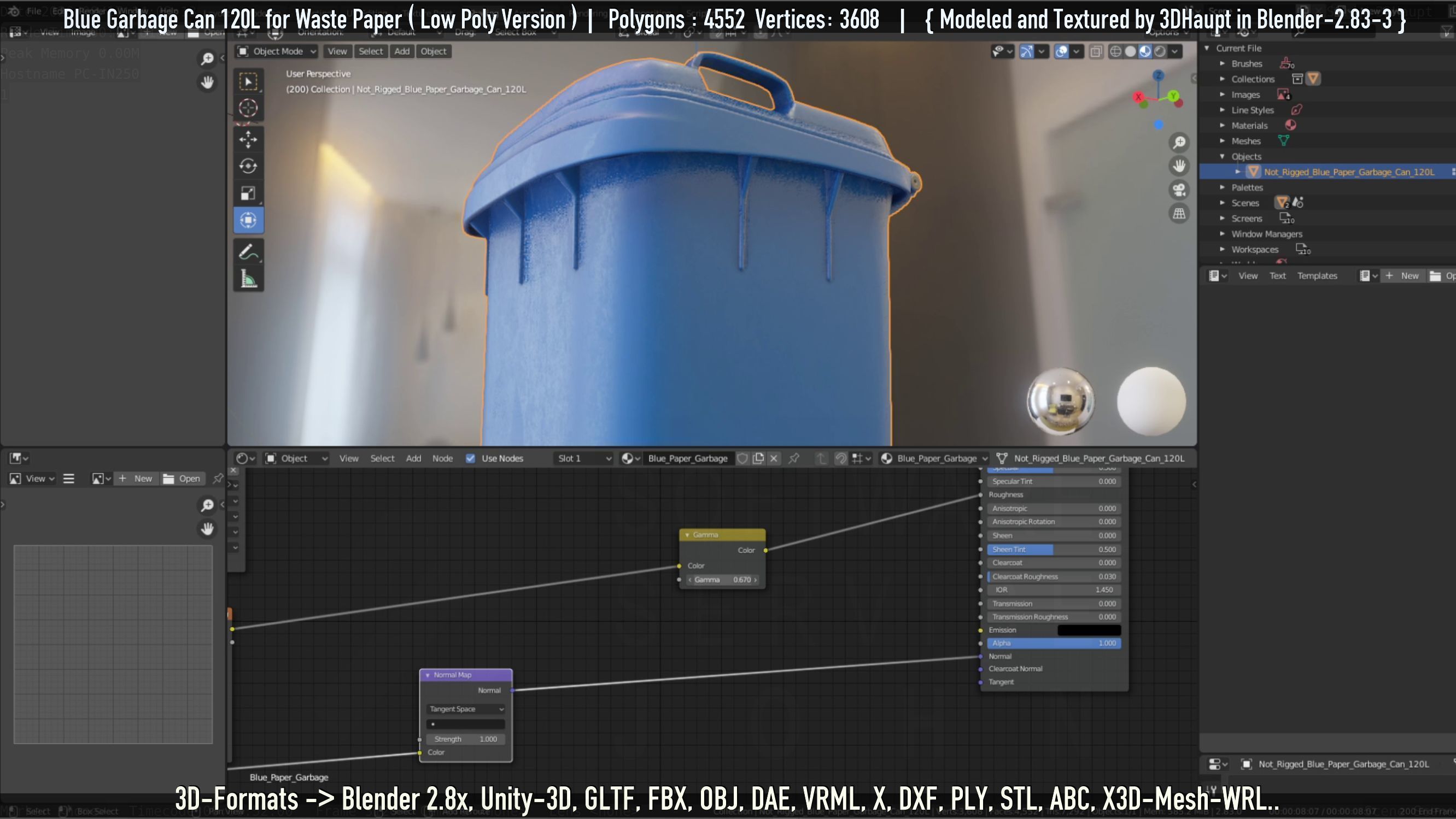 Plastic Garbage Can 120L Blue for Waste Paper -Low-Poly-Version- Low-poly 3D model_41