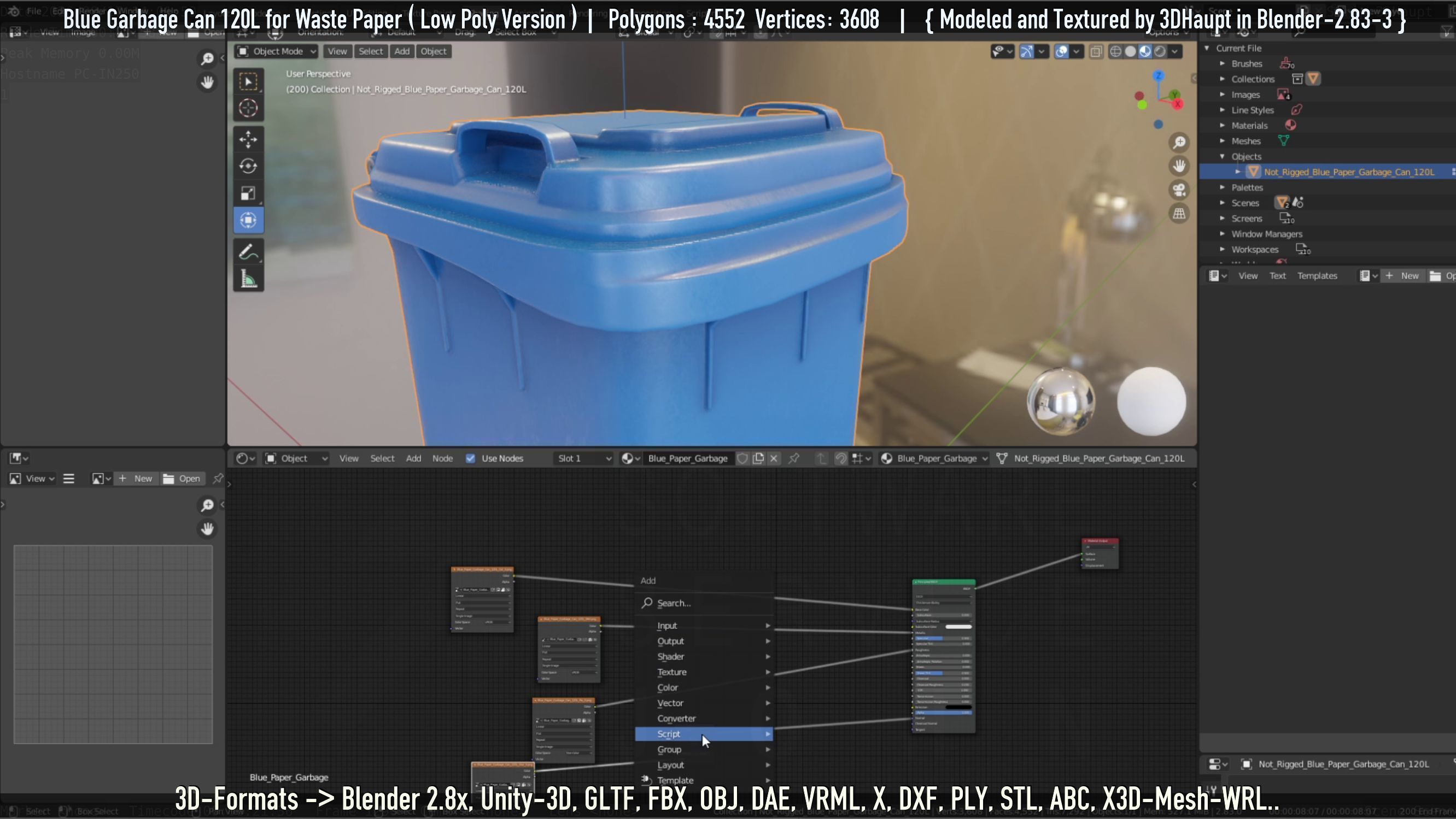 Plastic Garbage Can 120L Blue for Waste Paper -Low-Poly-Version- Low-poly 3D model_38