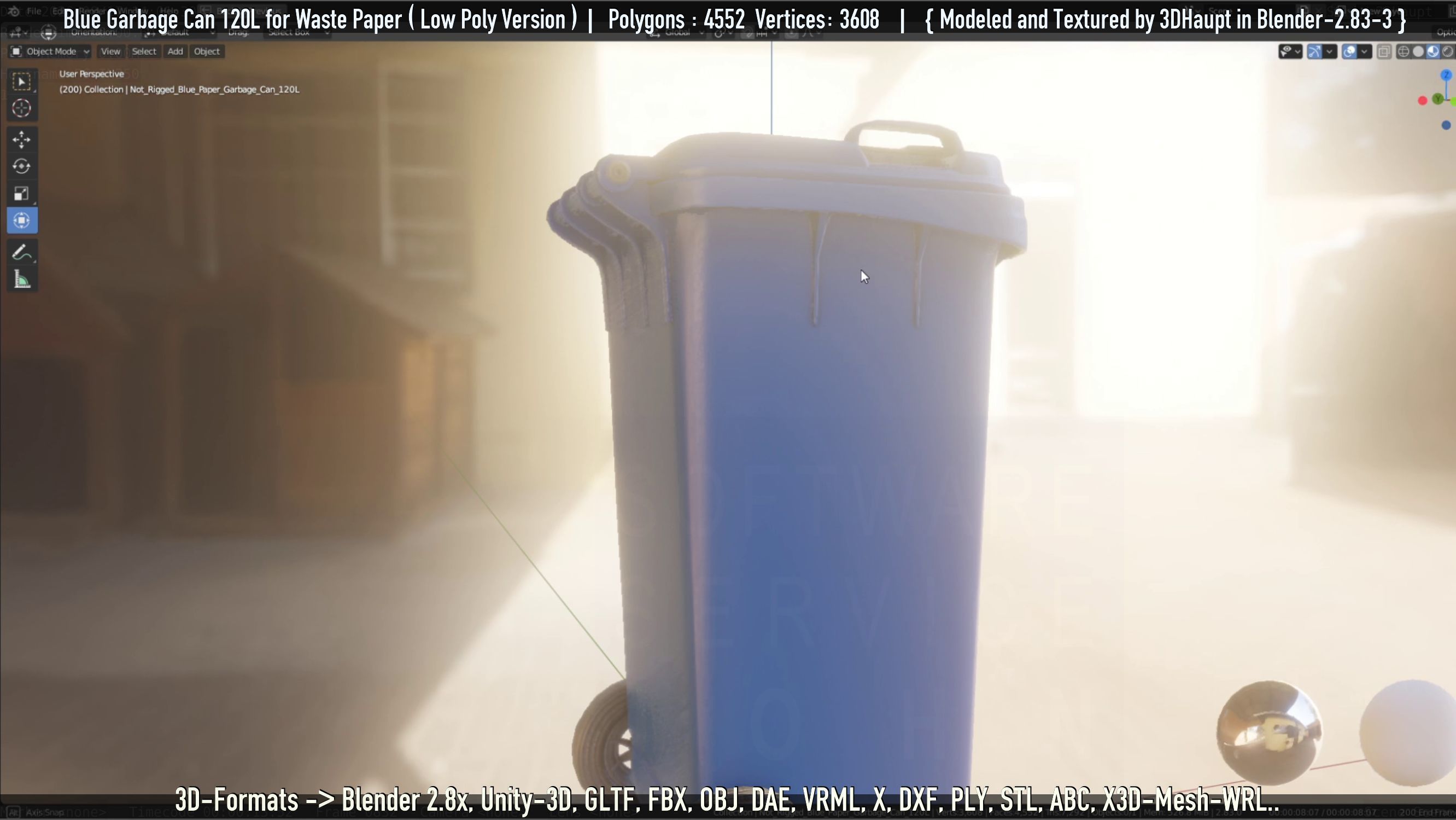 Plastic Garbage Can 120L Blue for Waste Paper -Low-Poly-Version- Low-poly 3D model_32