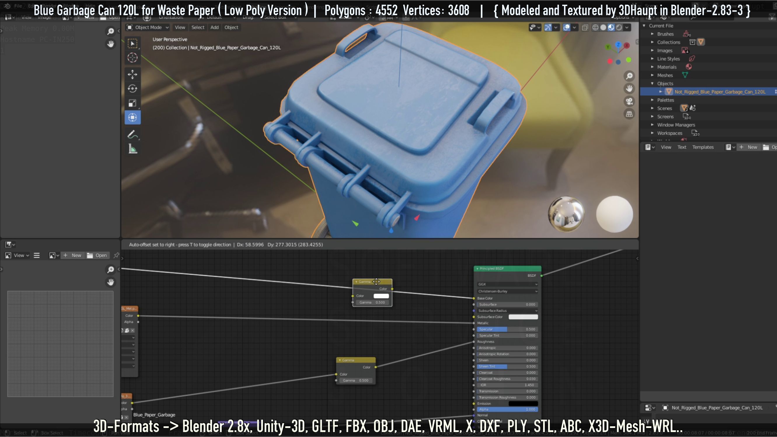 Plastic Garbage Can 120L Blue for Waste Paper -Low-Poly-Version- Low-poly 3D model_69