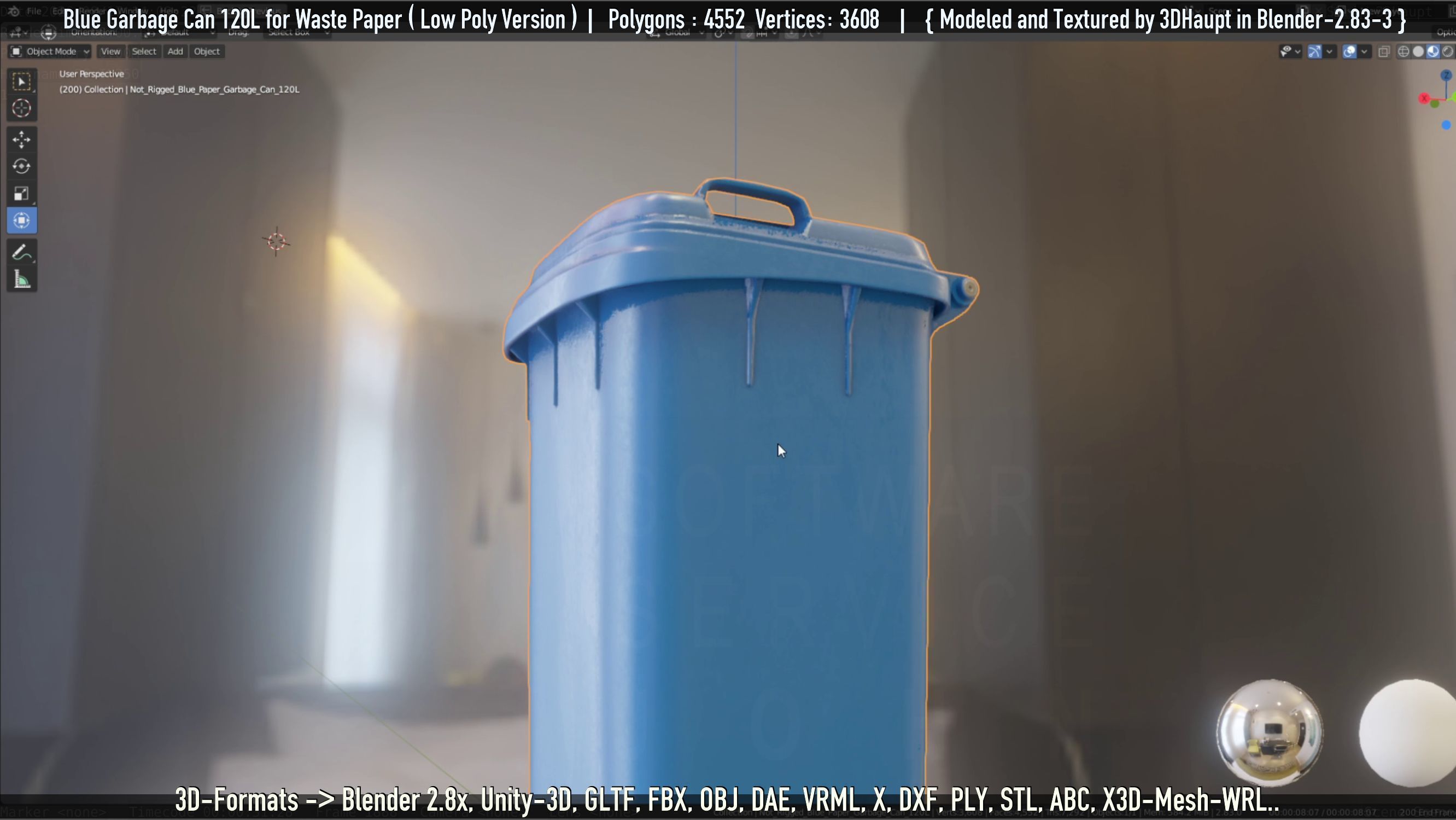 Plastic Garbage Can 120L Blue for Waste Paper -Low-Poly-Version- Low-poly 3D model_49