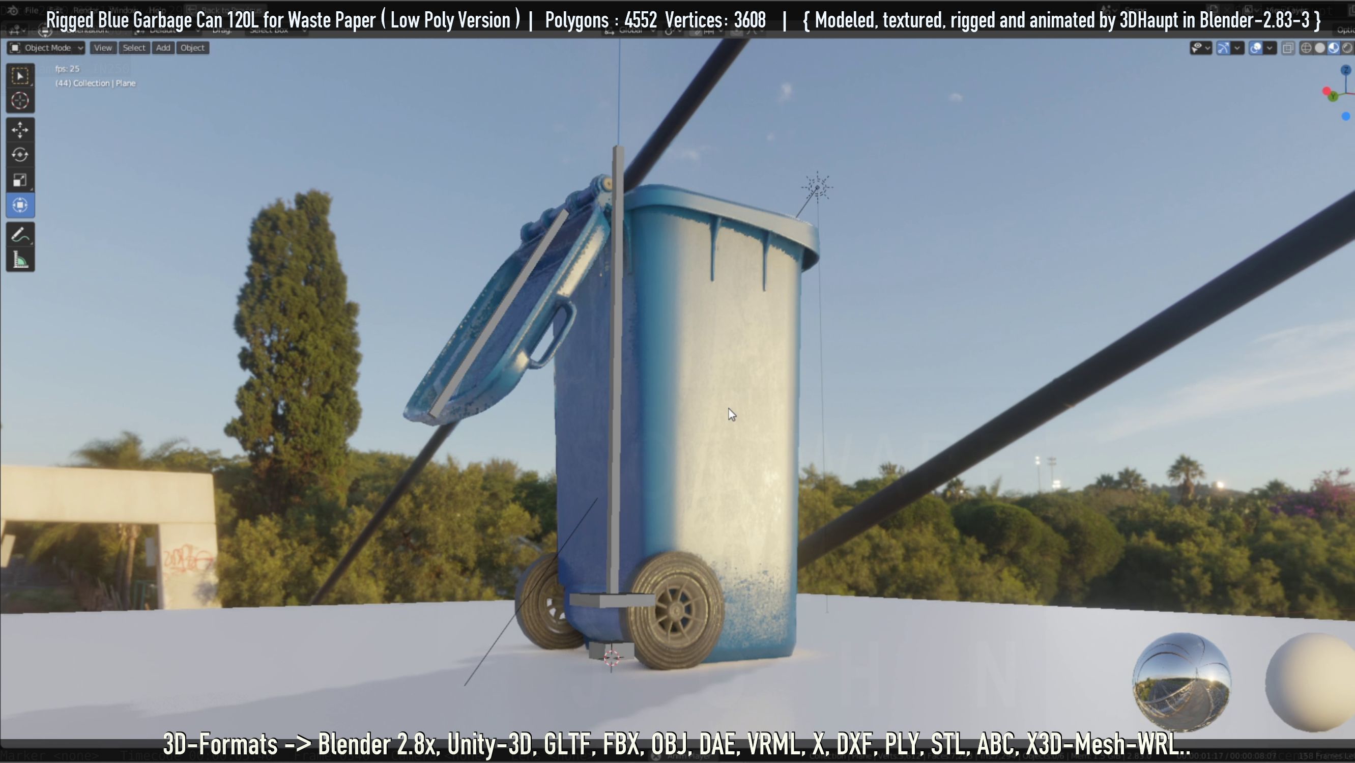 Rigged Garbage Can 120L Blue for Waste Paper -Low-Poly-Version- Low-poly 3D model_15