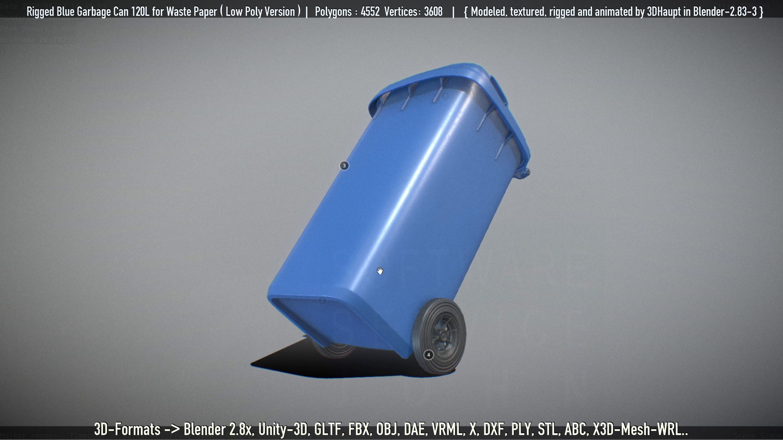 Rigged Garbage Can 120L Blue for Waste Paper -Low-Poly-Version- Low-poly 3D model_105