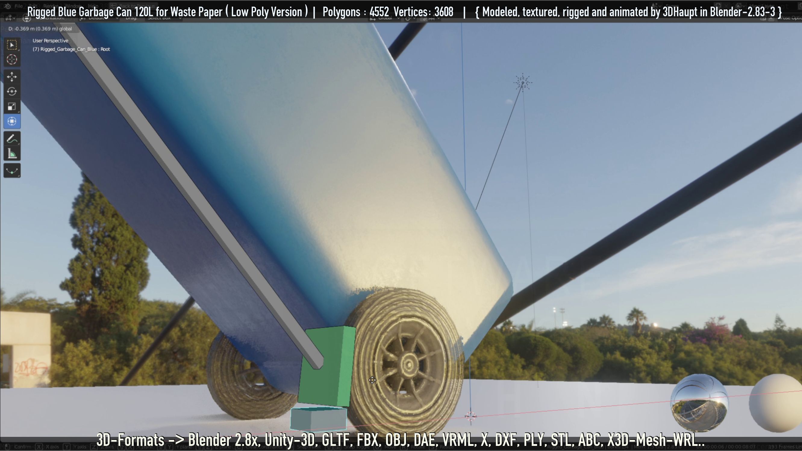 Rigged Garbage Can 120L Blue for Waste Paper -Low-Poly-Version- Low-poly 3D model_124
