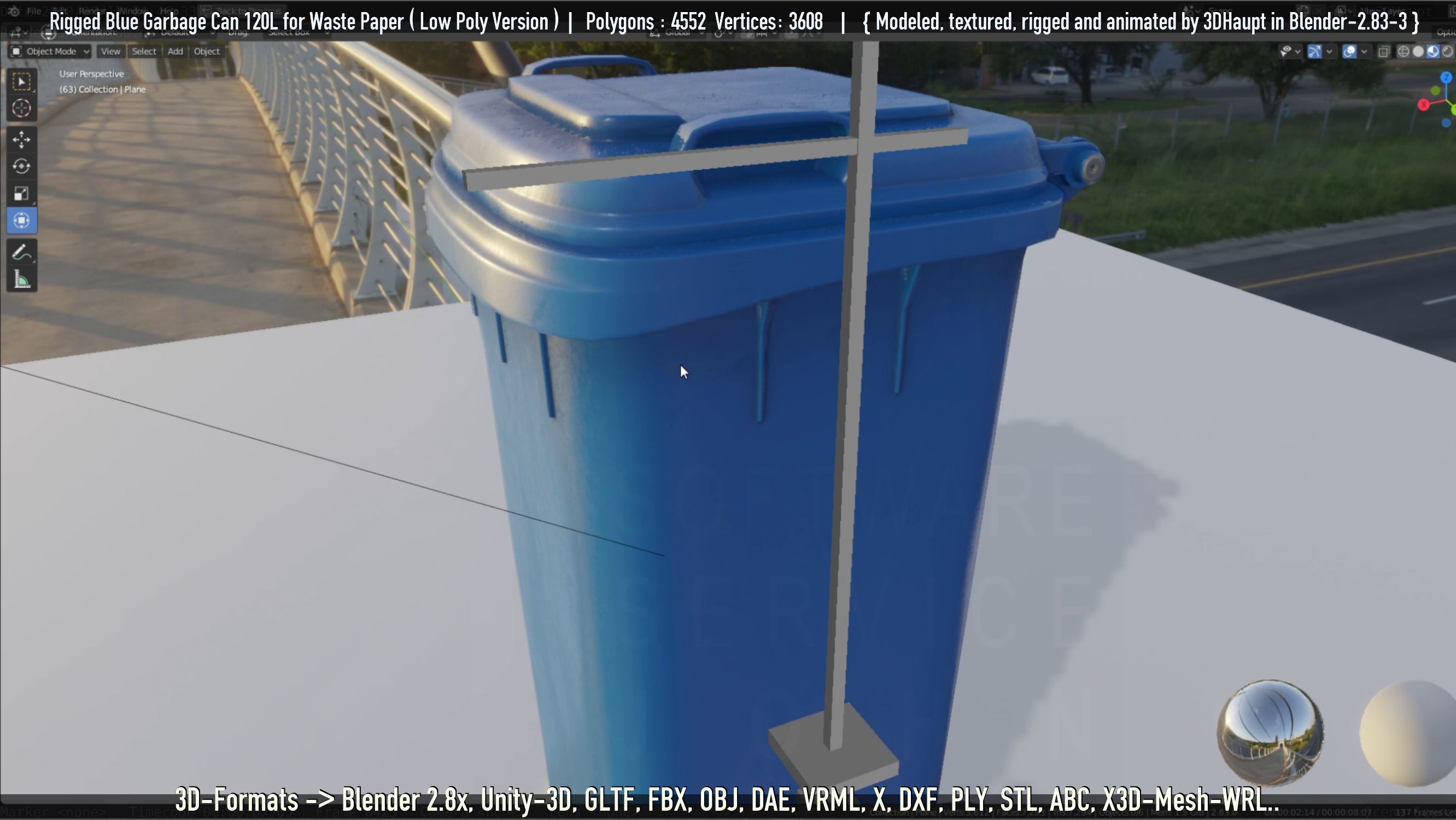Rigged Garbage Can 120L Blue for Waste Paper -Low-Poly-Version- Low-poly 3D model_19
