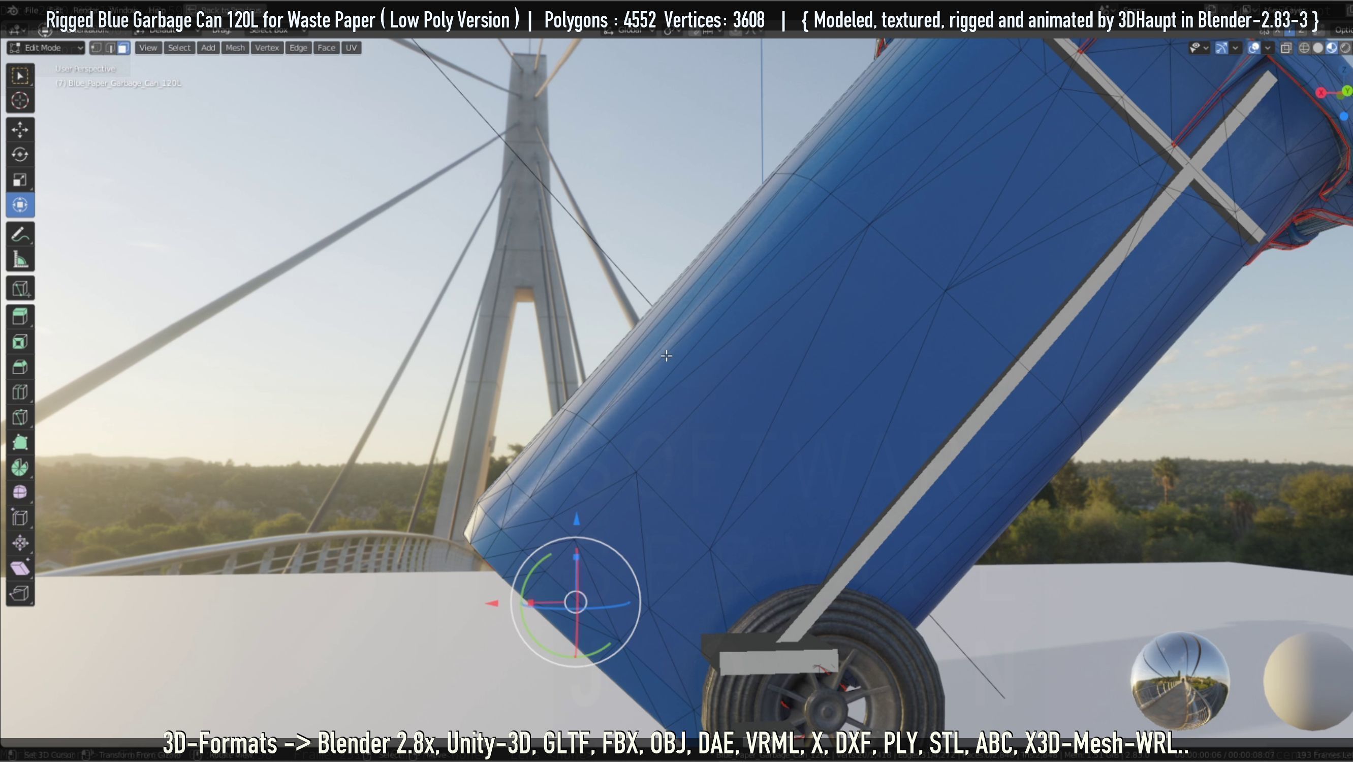 Rigged Garbage Can 120L Blue for Waste Paper -Low-Poly-Version- Low-poly 3D model_126