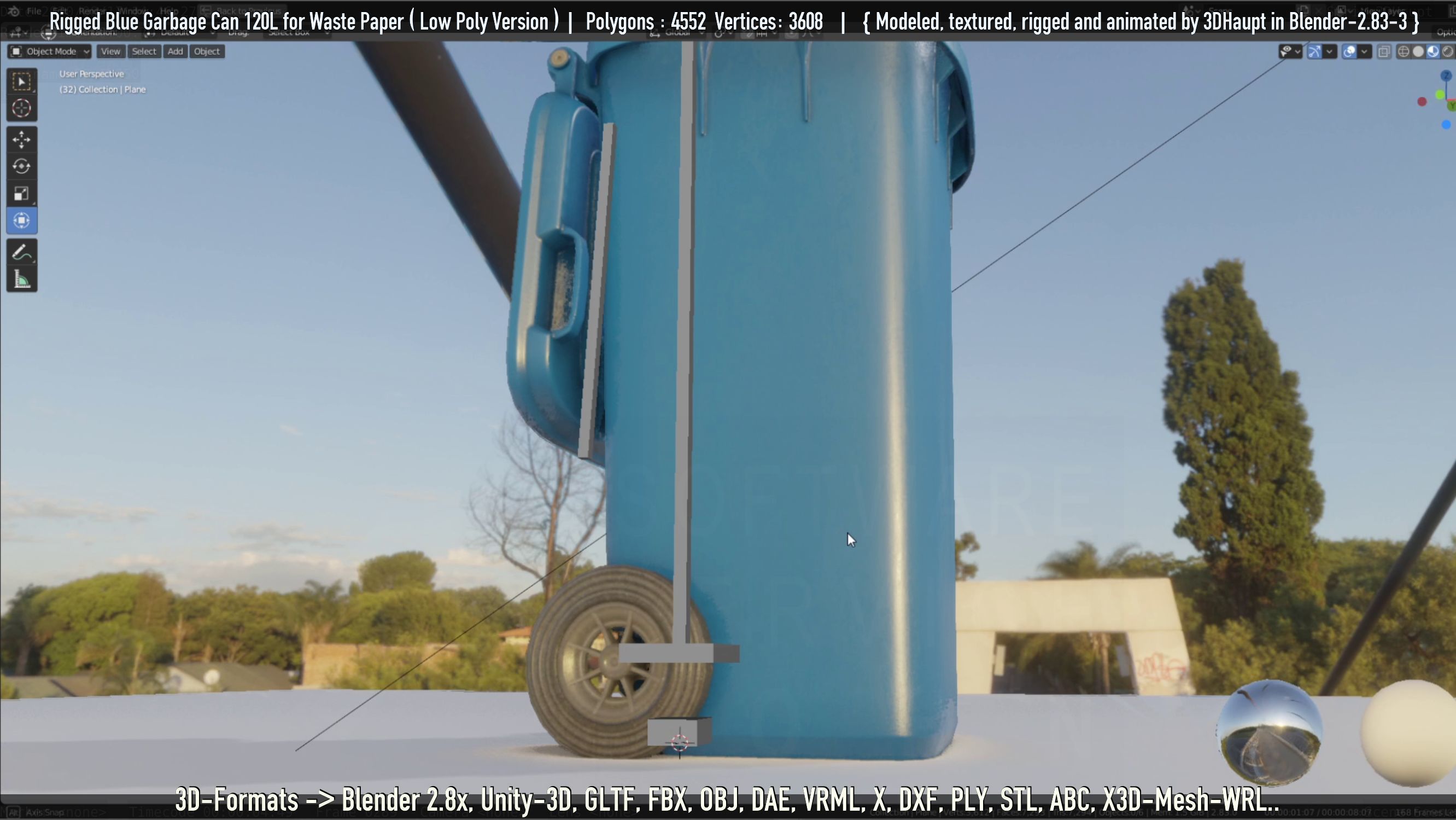 Rigged Garbage Can 120L Blue for Waste Paper -Low-Poly-Version- Low-poly 3D model_84