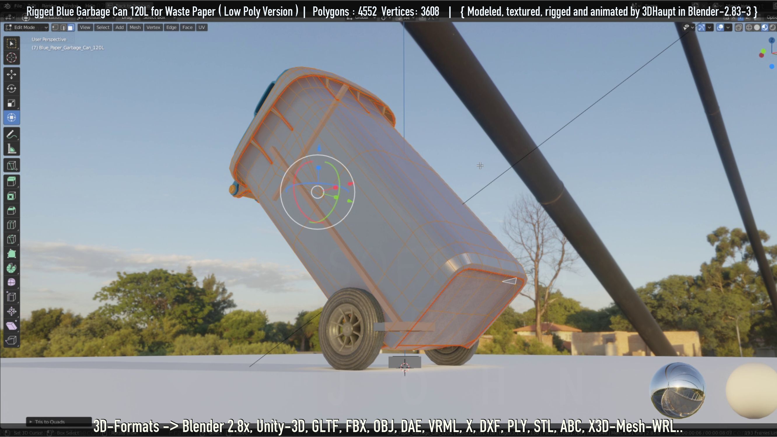 Rigged Garbage Can 120L Blue for Waste Paper -Low-Poly-Version- Low-poly 3D model_70