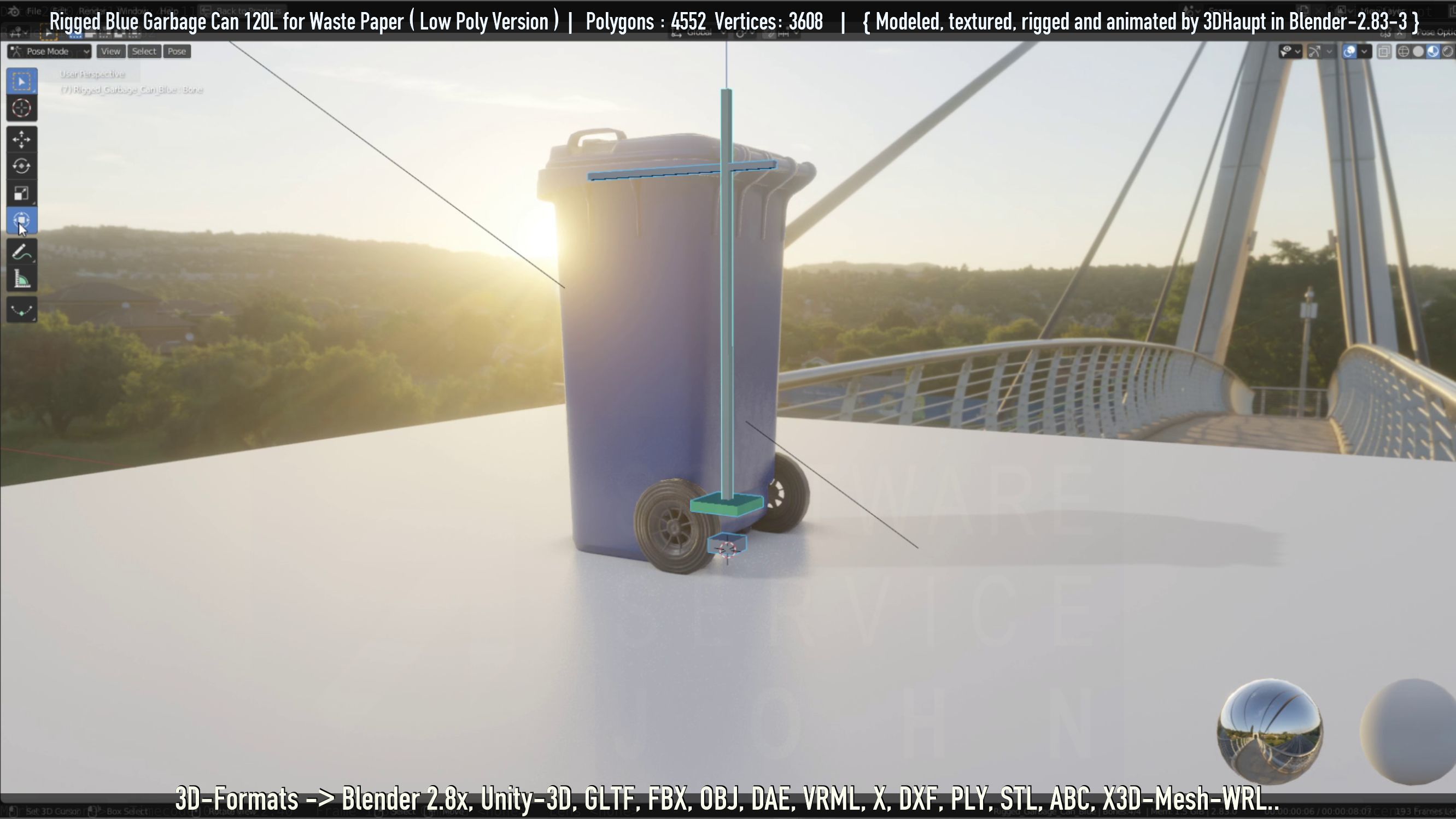 Rigged Garbage Can 120L Blue for Waste Paper -Low-Poly-Version- Low-poly 3D model_121
