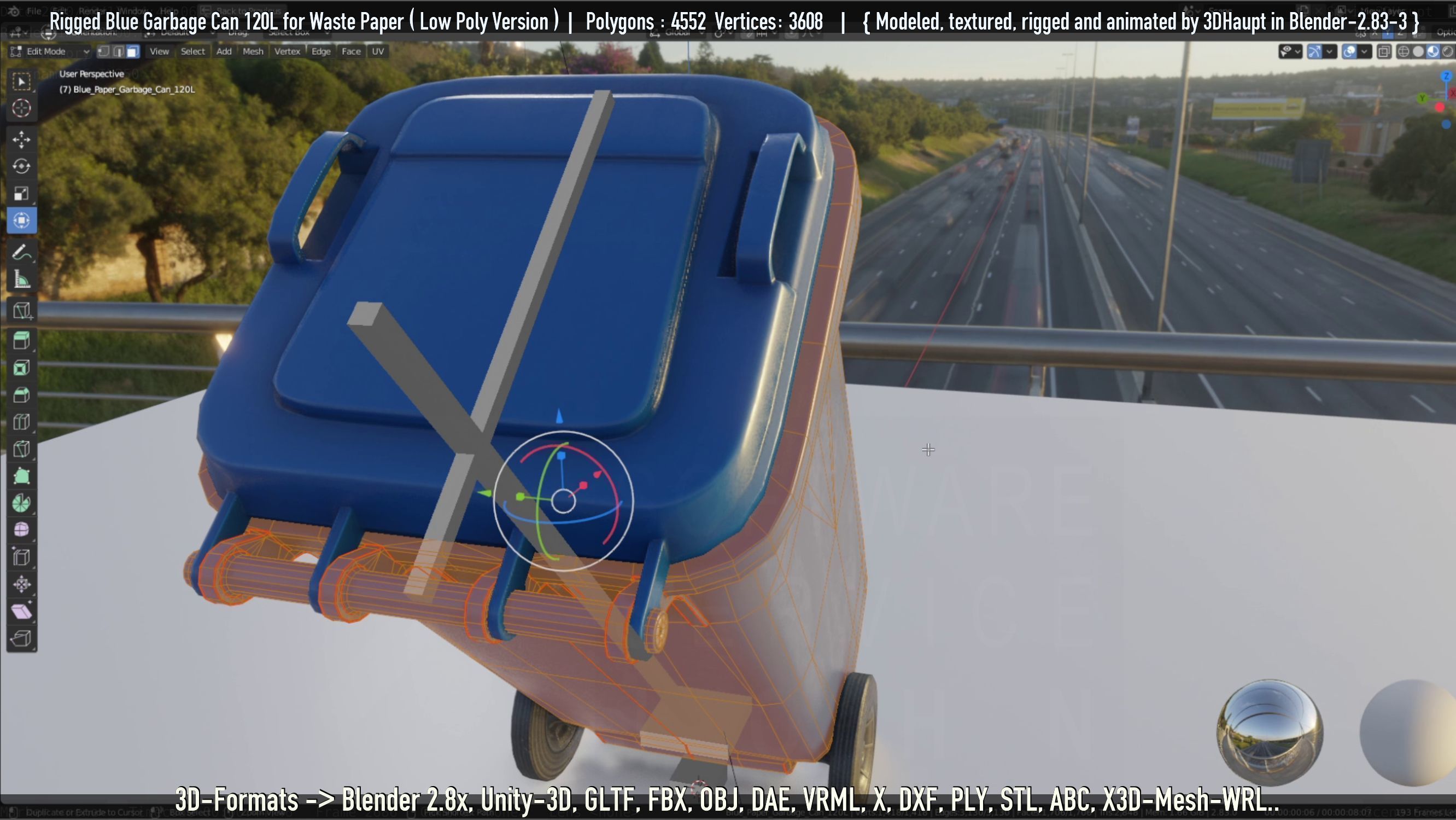 Rigged Garbage Can 120L Blue for Waste Paper -Low-Poly-Version- Low-poly 3D model_62