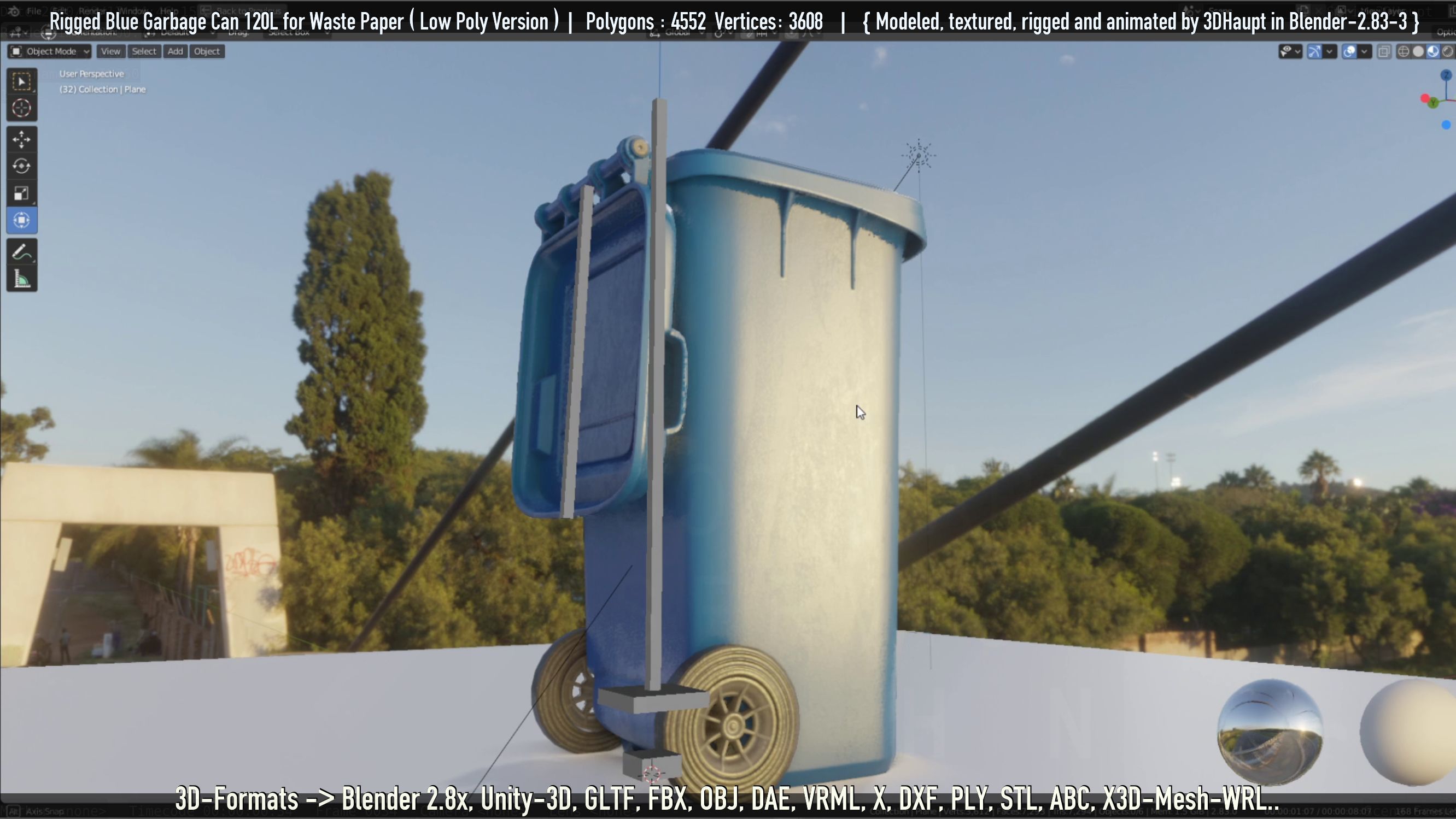 Rigged Garbage Can 120L Blue for Waste Paper -Low-Poly-Version- Low-poly 3D model_7