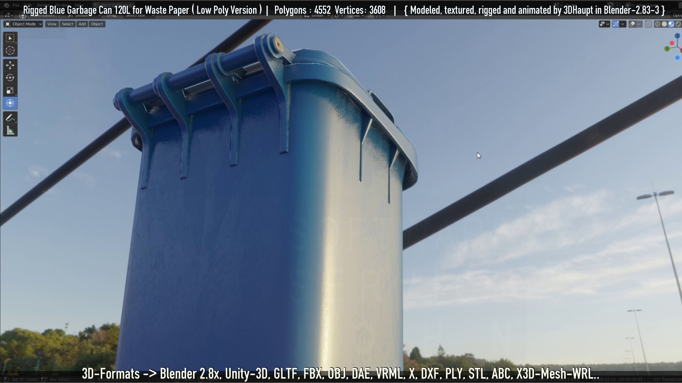 Rigged Garbage Can 120L Blue for Waste Paper -Low-Poly-Version- Low-poly 3D model_86