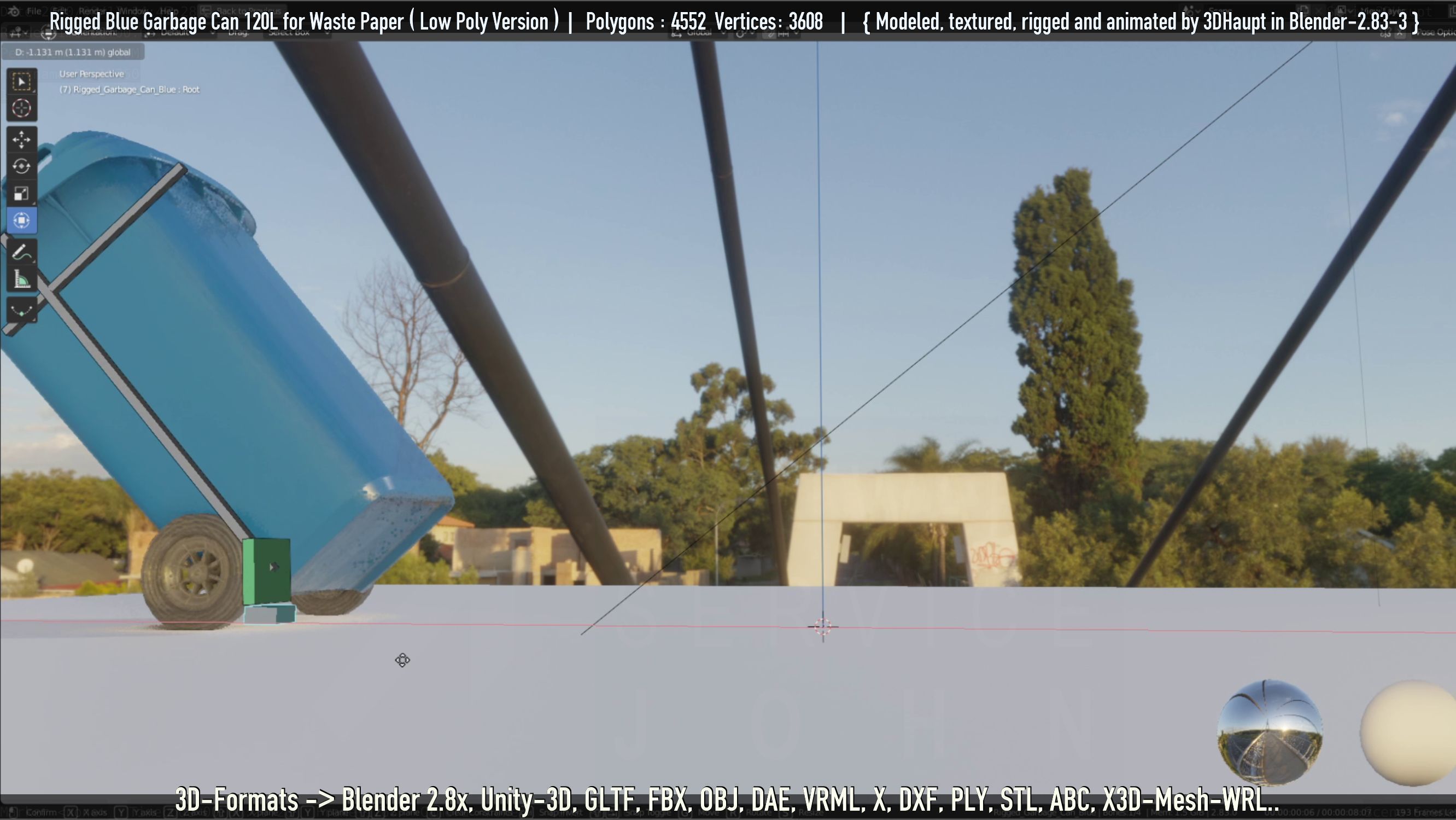 Rigged Garbage Can 120L Blue for Waste Paper -Low-Poly-Version- Low-poly 3D model_95