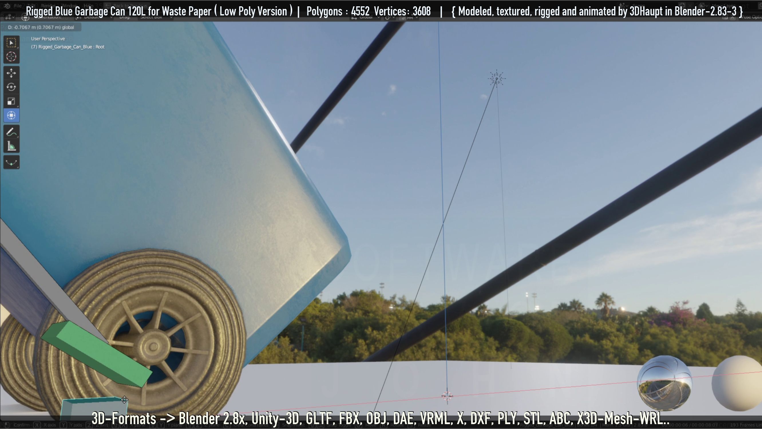 Rigged Garbage Can 120L Blue for Waste Paper -Low-Poly-Version- Low-poly 3D model_59