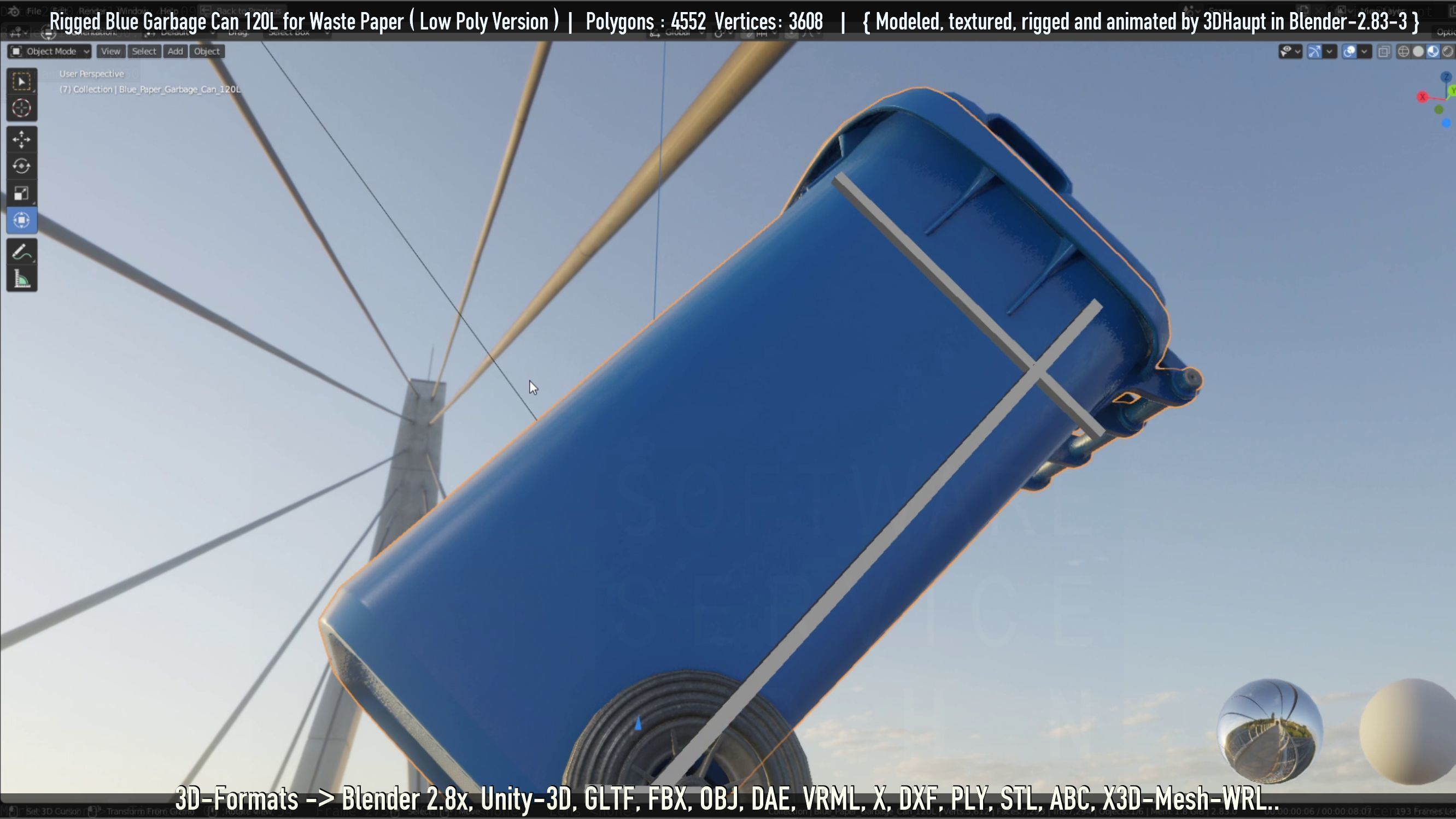 Rigged Garbage Can 120L Blue for Waste Paper -Low-Poly-Version- Low-poly 3D model_72