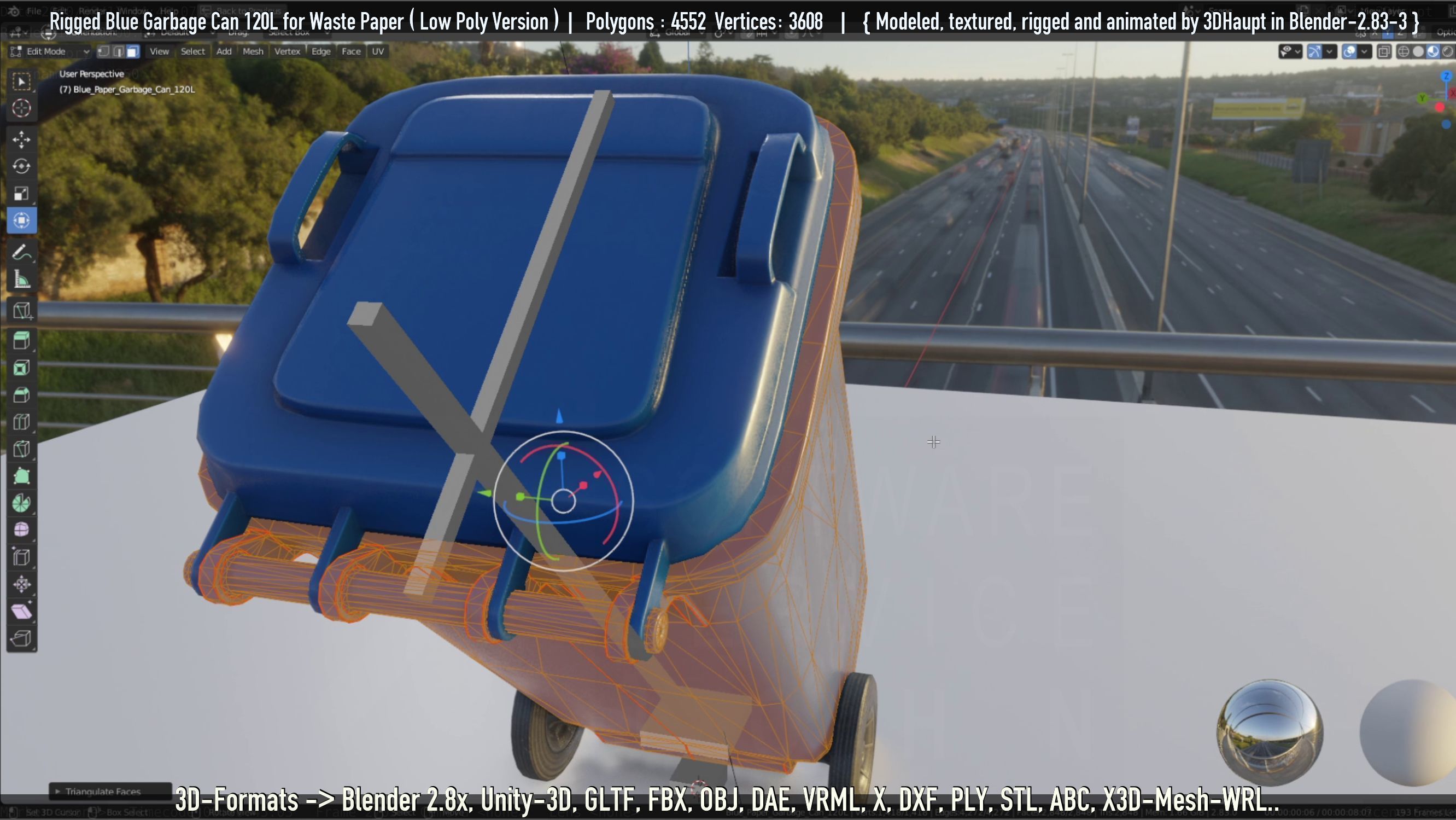 Rigged Garbage Can 120L Blue for Waste Paper -Low-Poly-Version- Low-poly 3D model_128