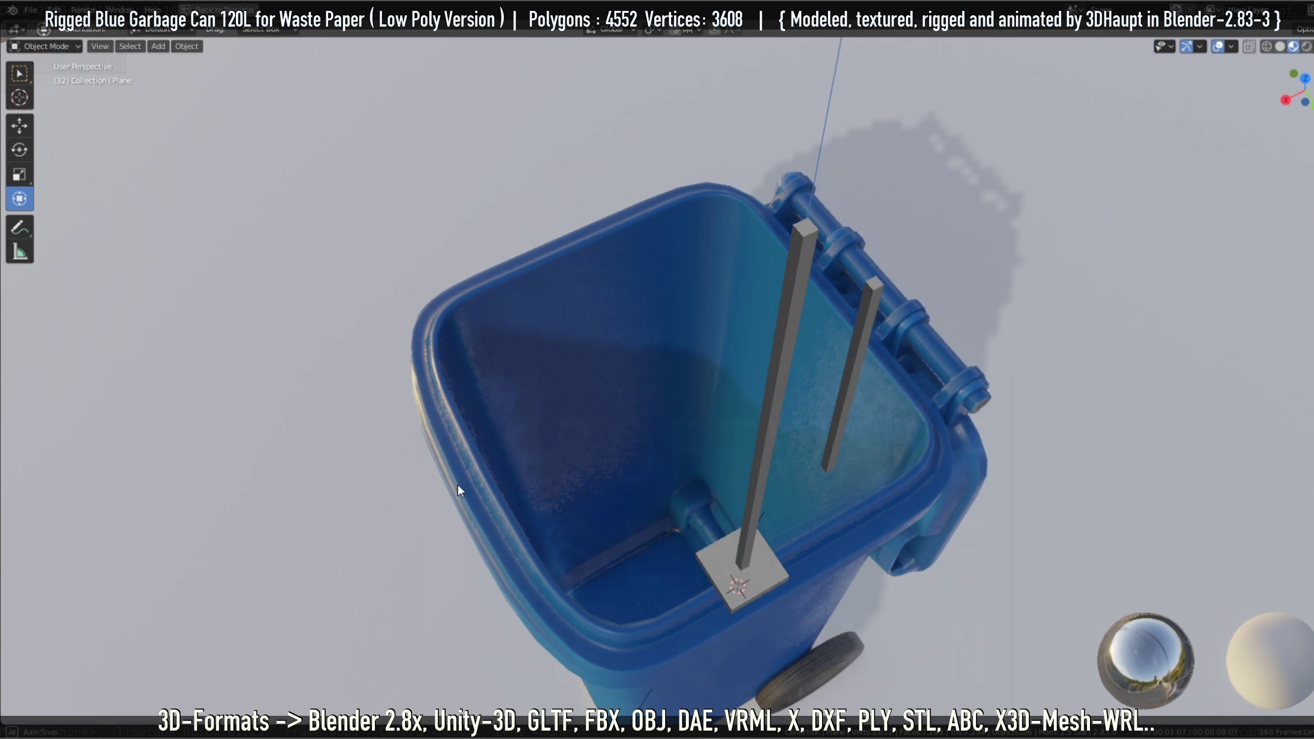 Rigged Garbage Can 120L Blue for Waste Paper -Low-Poly-Version- Low-poly 3D model_10