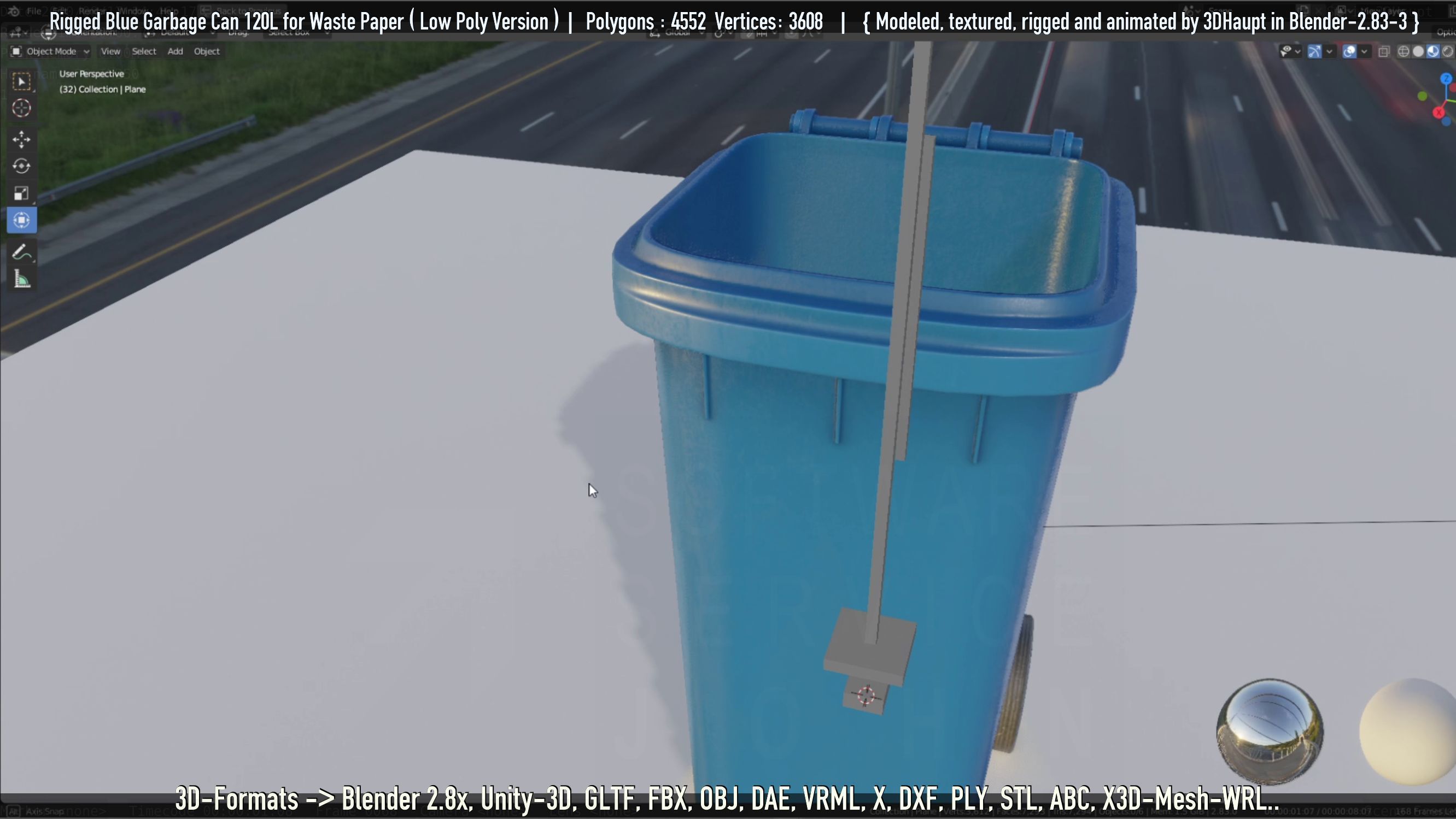 Rigged Garbage Can 120L Blue for Waste Paper -Low-Poly-Version- Low-poly 3D model_9