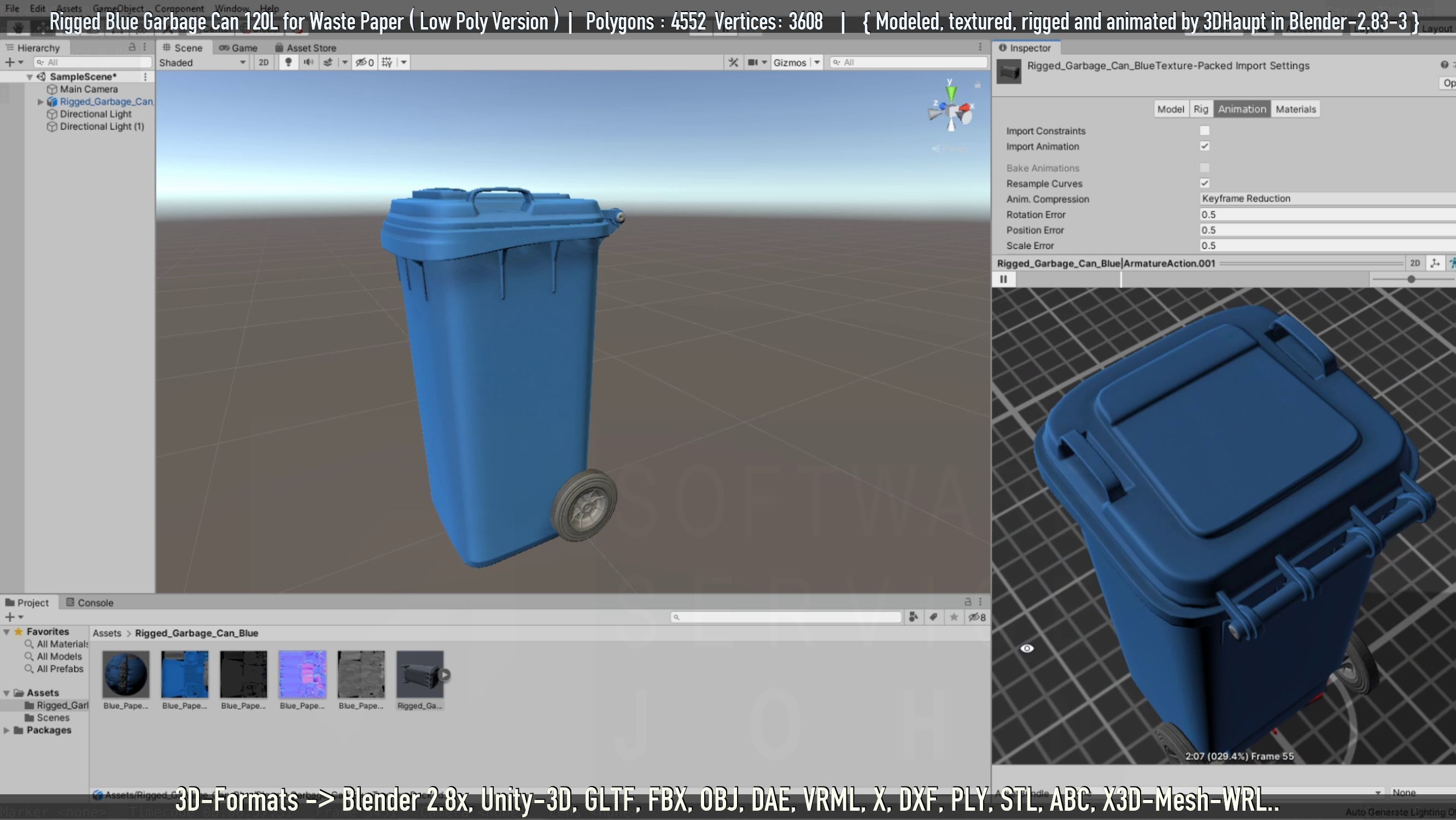 Rigged Garbage Can 120L Blue for Waste Paper -Low-Poly-Version- Low-poly 3D model_64