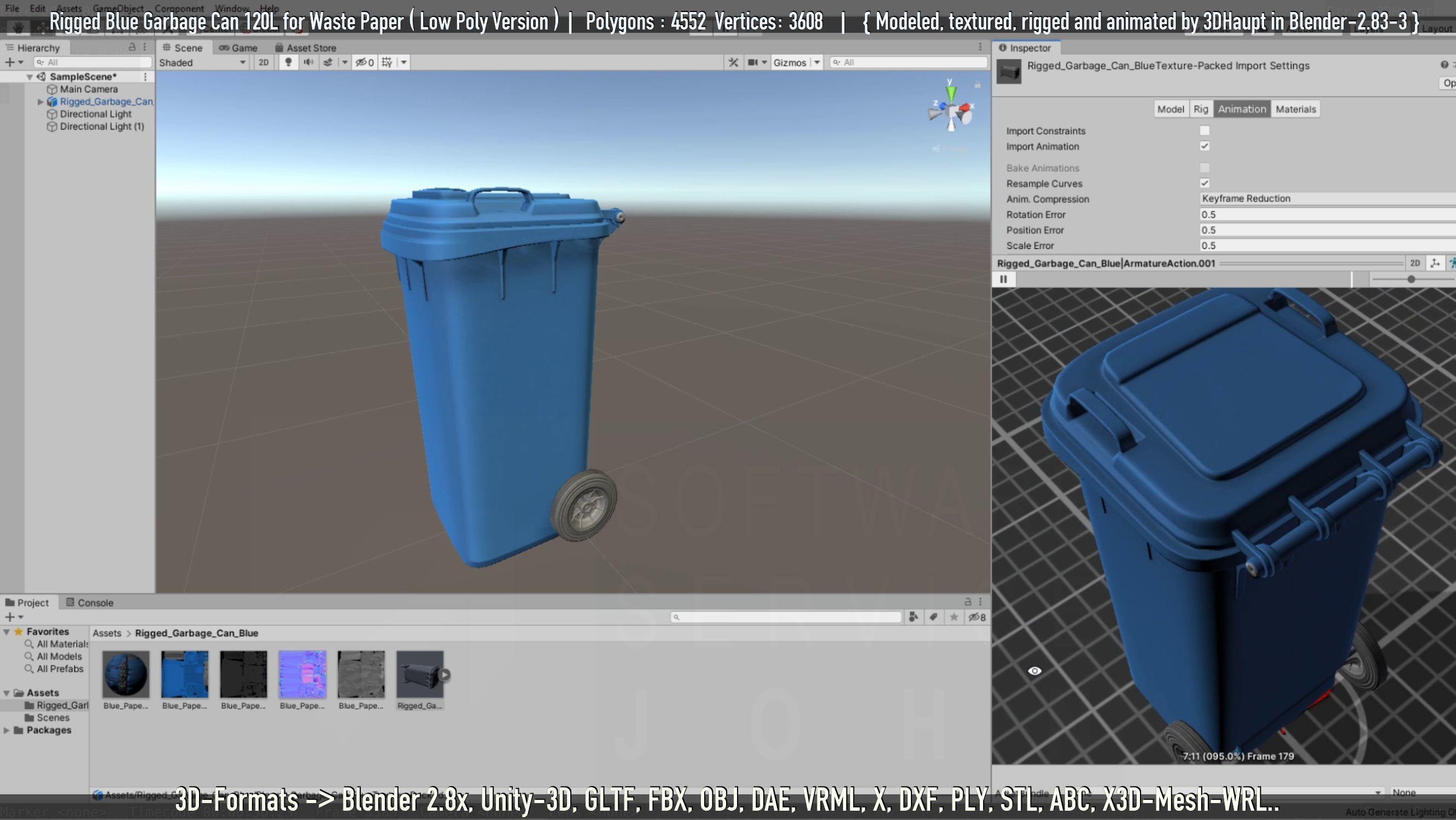 Rigged Garbage Can 120L Blue for Waste Paper -Low-Poly-Version- Low-poly 3D model_131