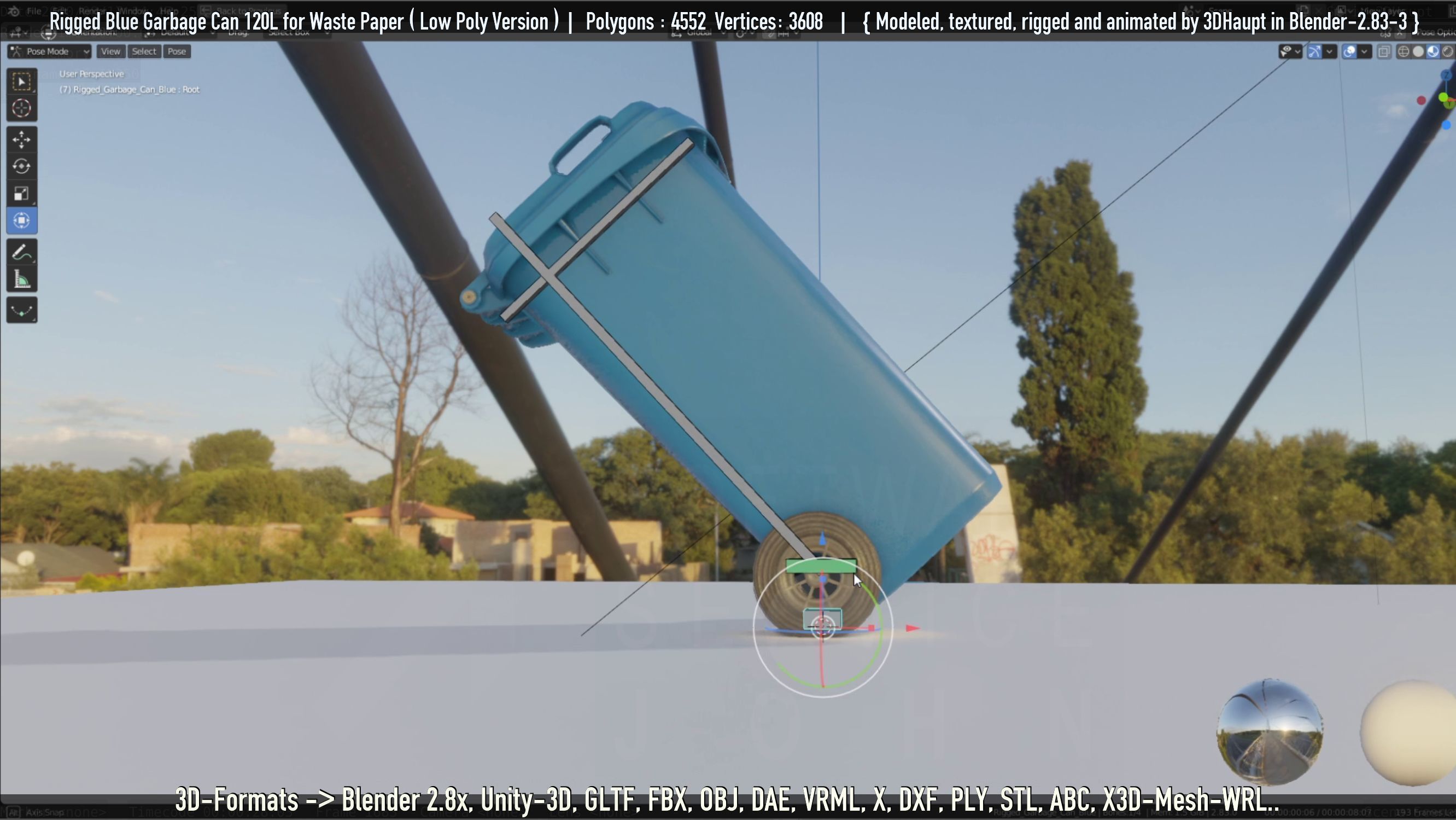 Rigged Garbage Can 120L Blue for Waste Paper -Low-Poly-Version- Low-poly 3D model_55