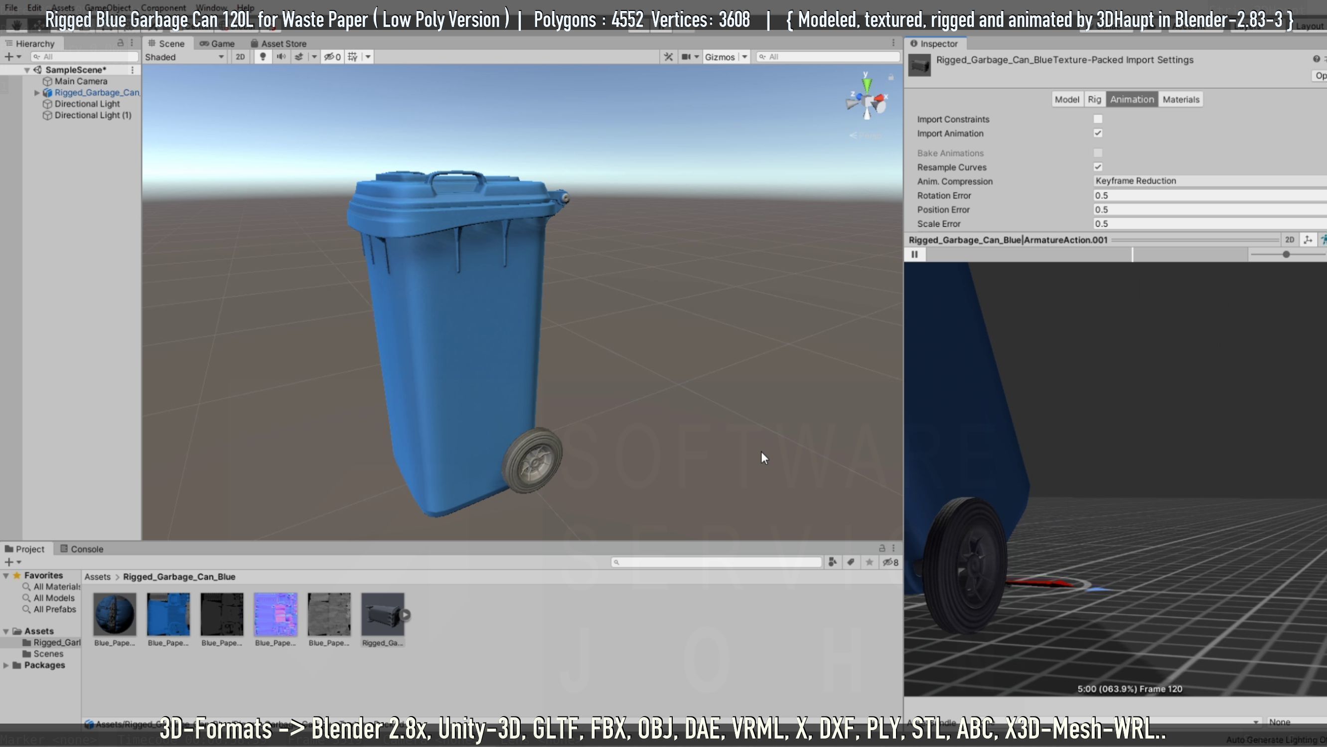 Rigged Garbage Can 120L Blue for Waste Paper -Low-Poly-Version- Low-poly 3D model_101