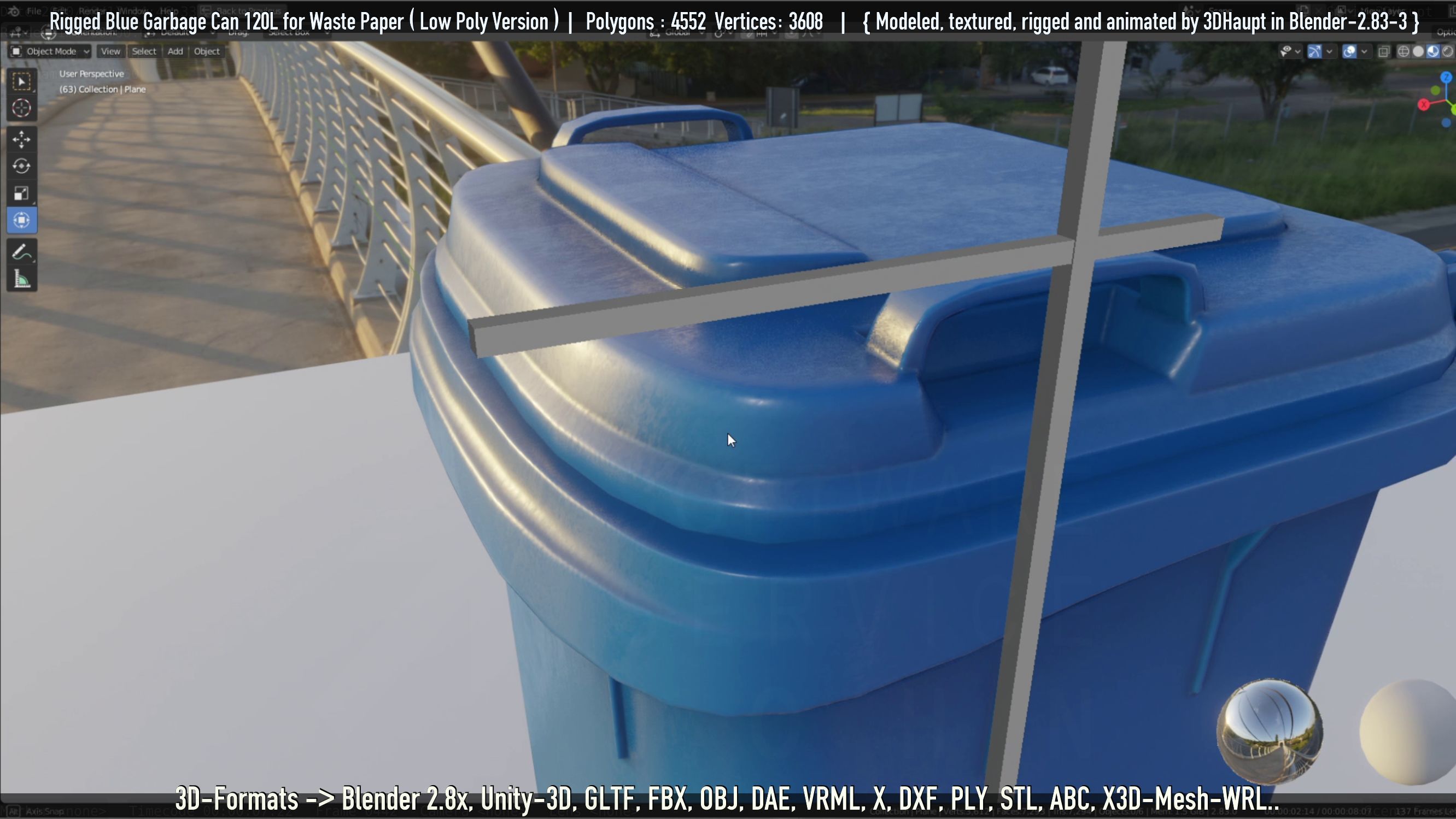 Rigged Garbage Can 120L Blue for Waste Paper -Low-Poly-Version- Low-poly 3D model_85