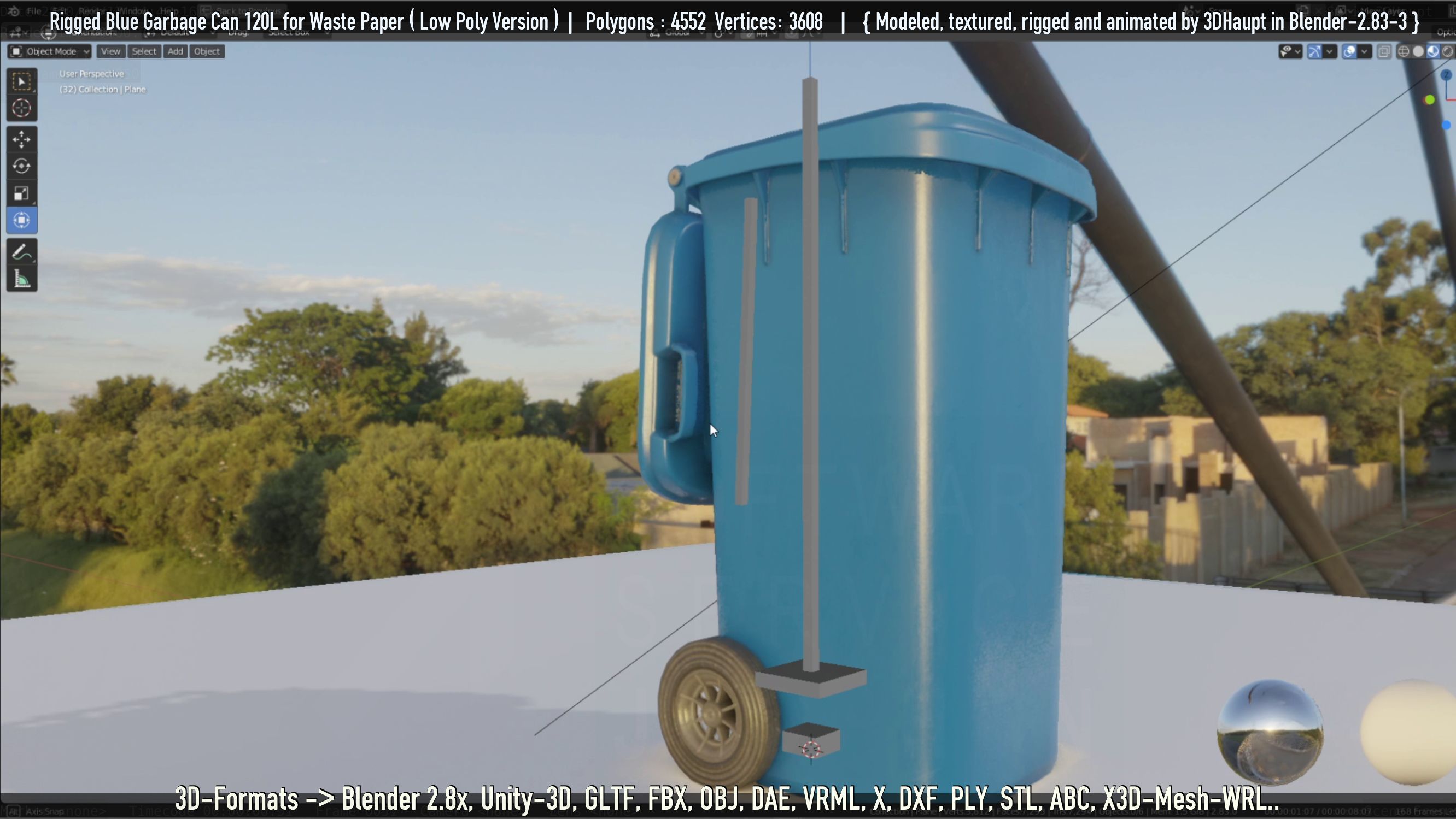 Rigged Garbage Can 120L Blue for Waste Paper -Low-Poly-Version- Low-poly 3D model_8