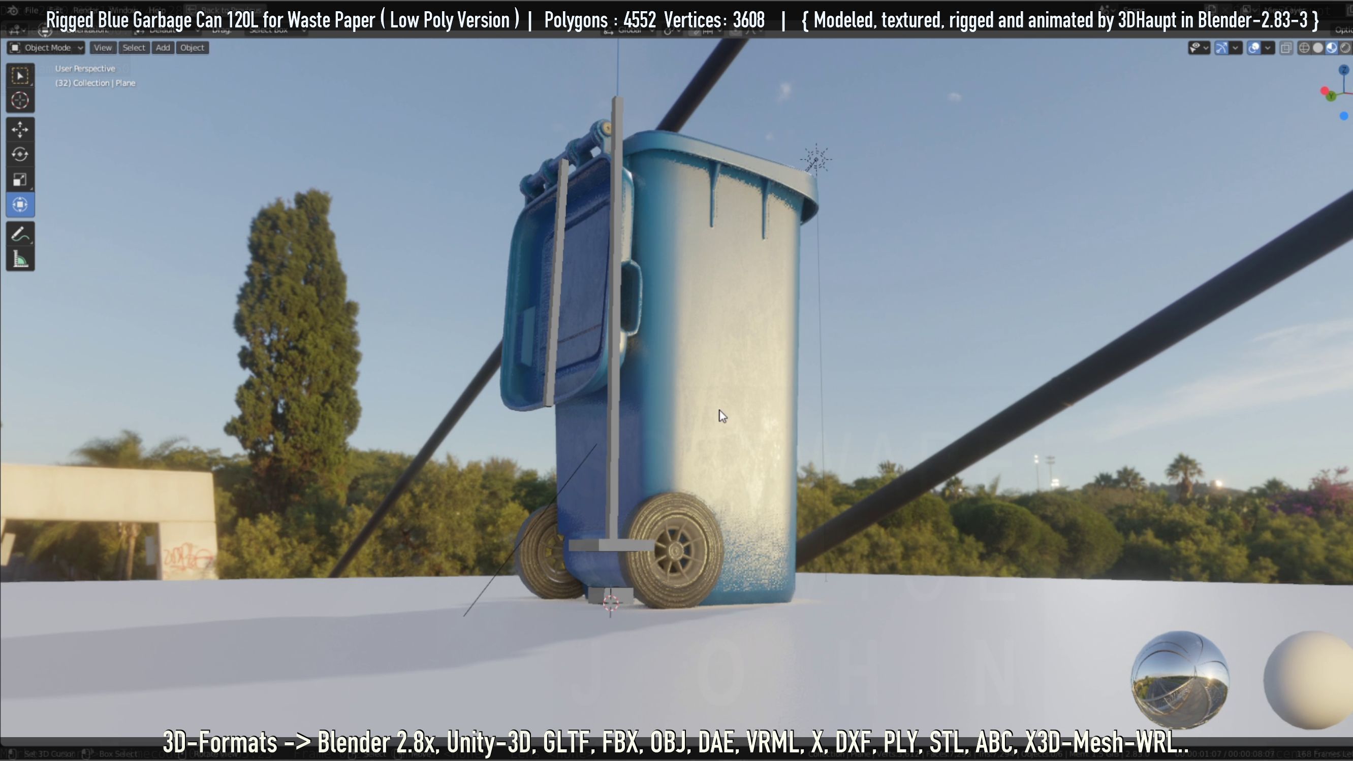 Rigged Garbage Can 120L Blue for Waste Paper -Low-Poly-Version- Low-poly 3D model_14