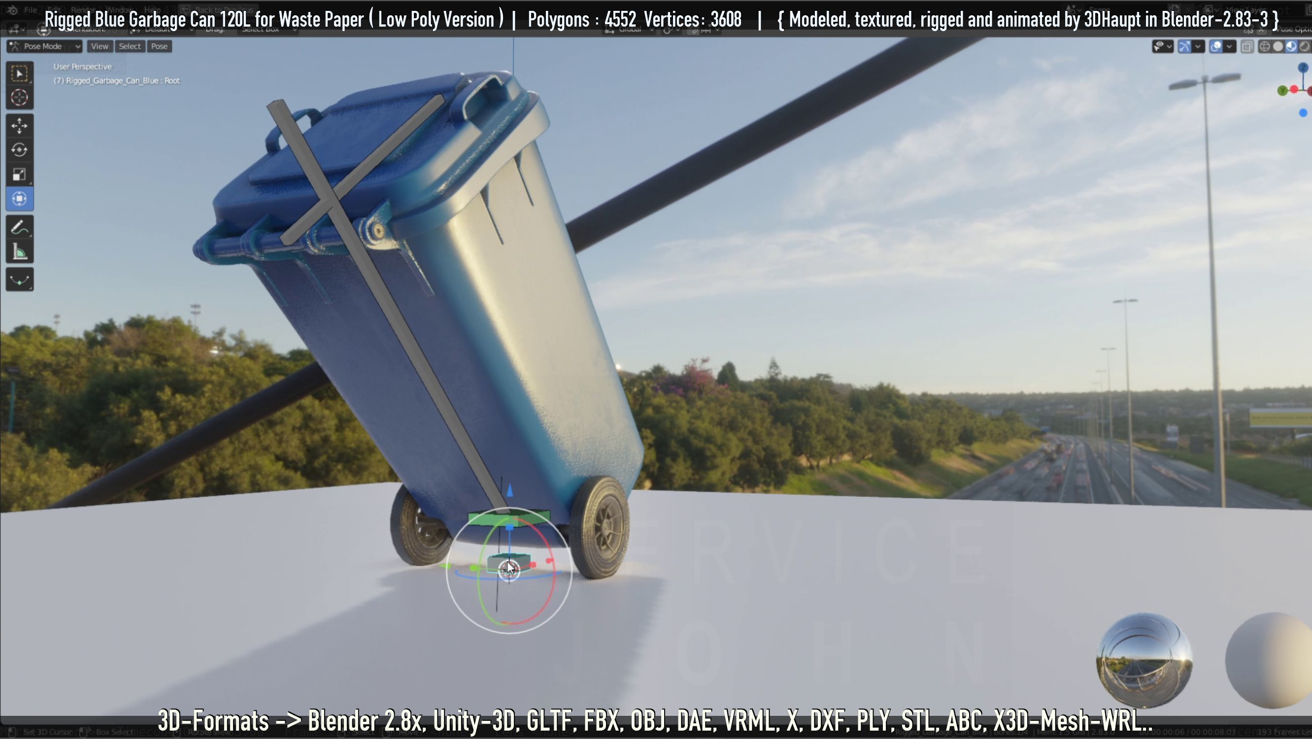 Rigged Garbage Can 120L Blue for Waste Paper -Low-Poly-Version- Low-poly 3D model_120